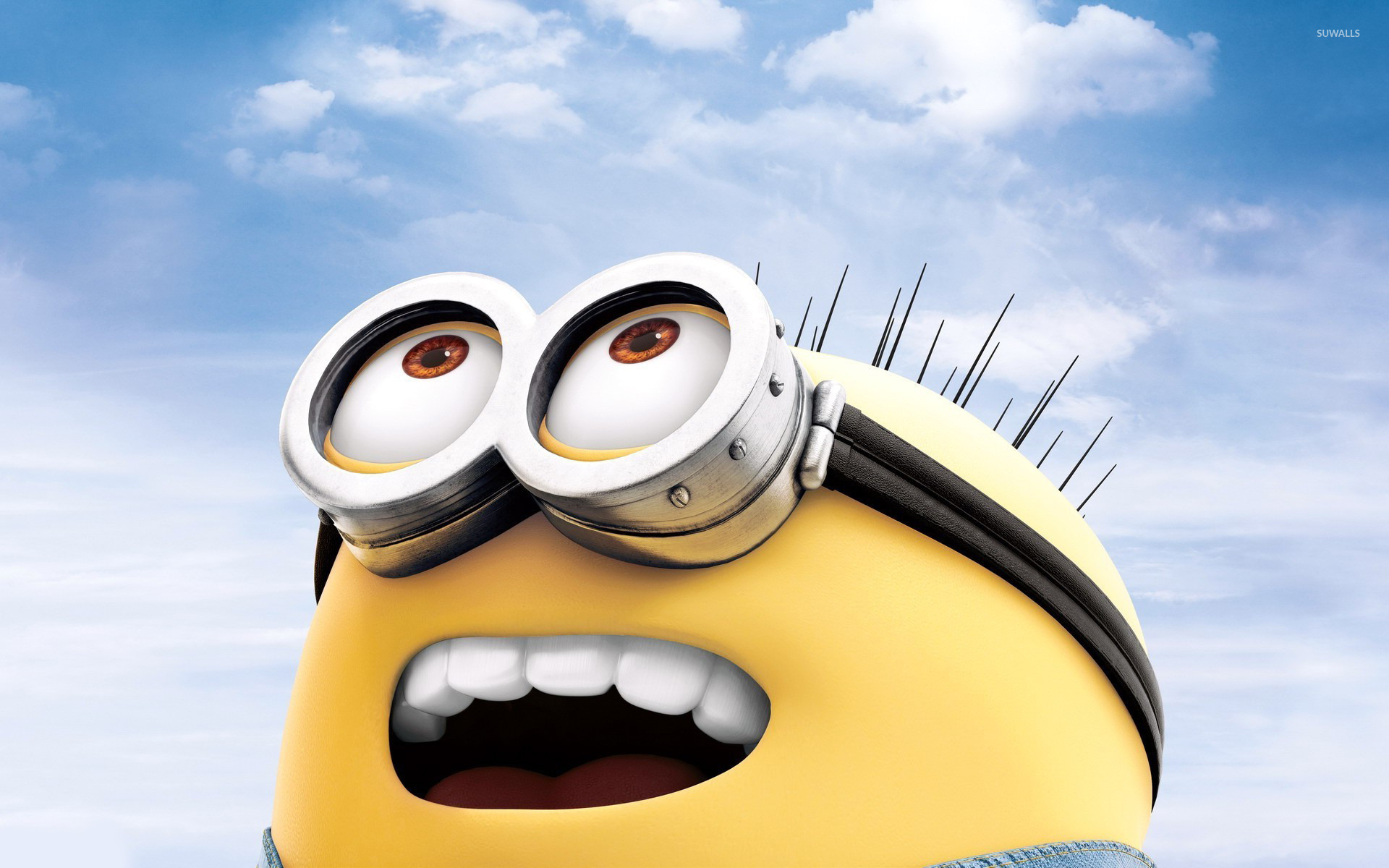 Close-up of a Minion looking up in awe, from the Despicable Me franchise
