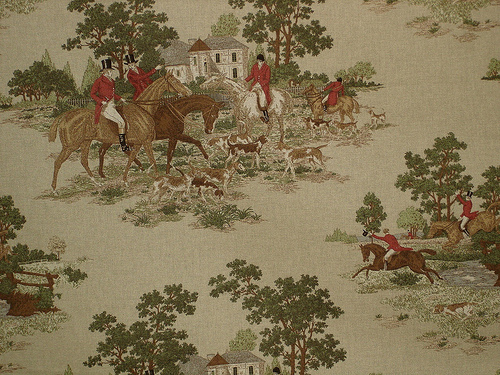 Horse Hunting Jumping Toile Fabric Orange A Photo On Iver