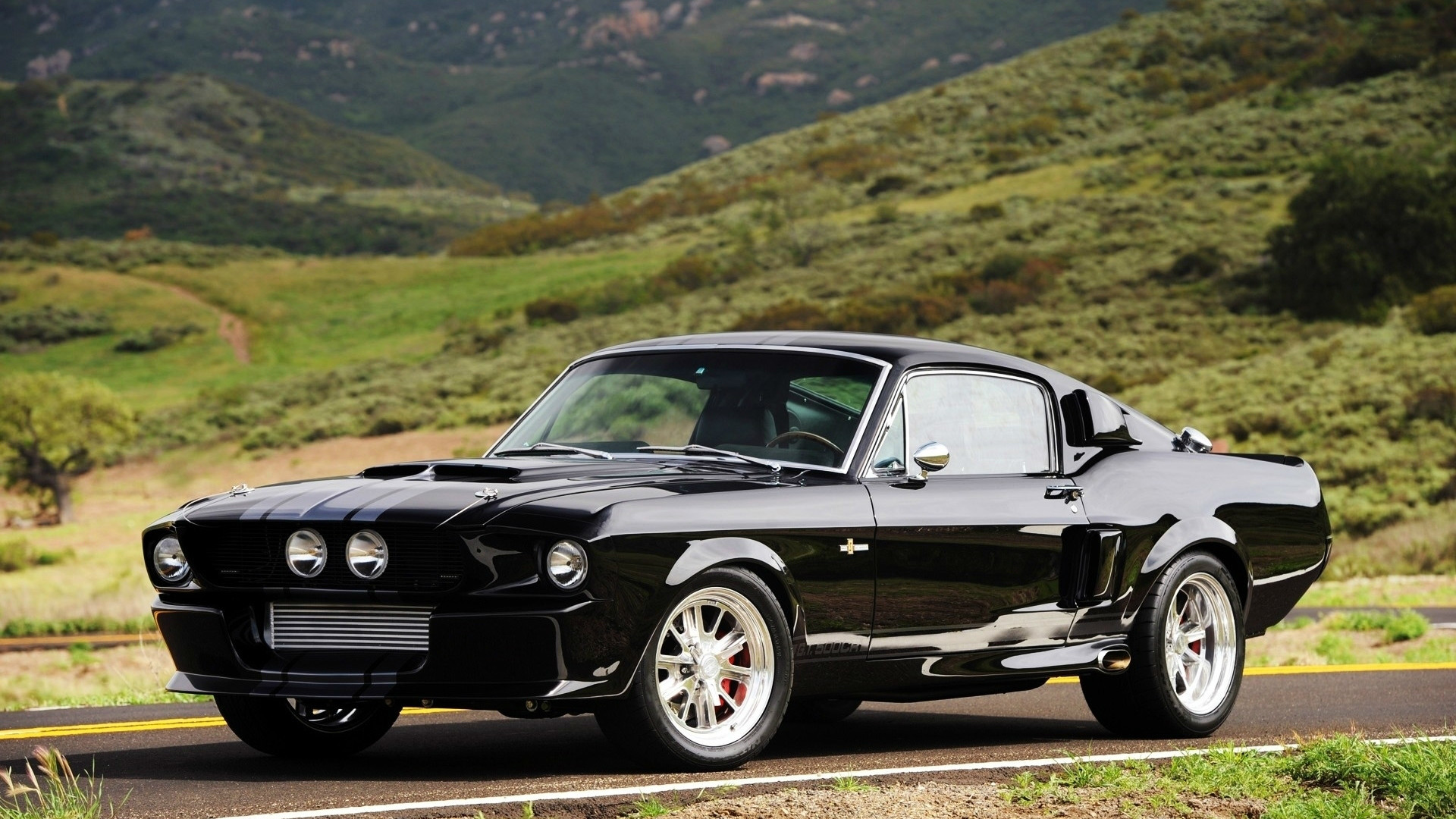 Classic Black Ford Mustang Shelby GT500 on a scenic road