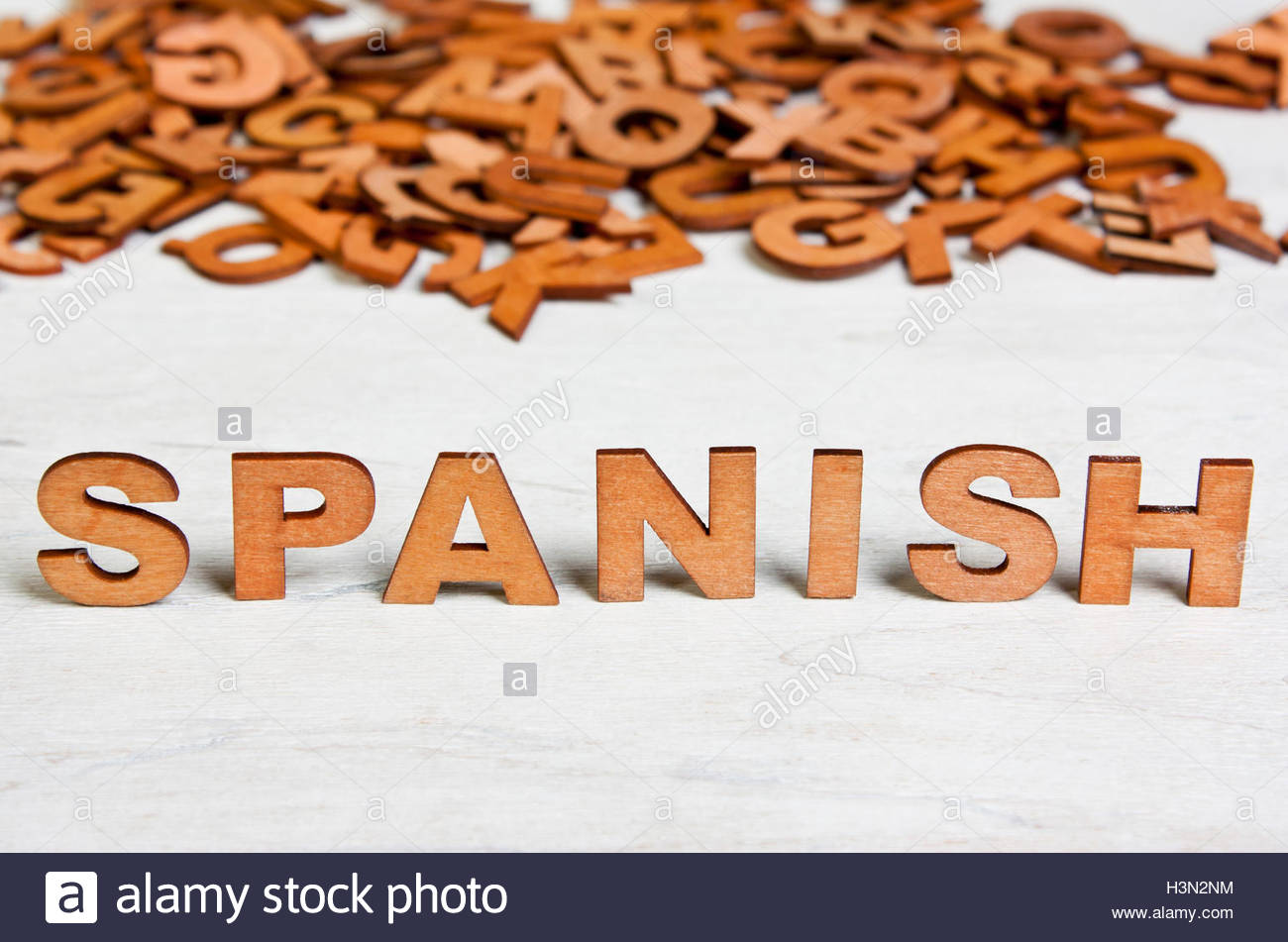 Word Spanish Made With Wooden Letters On A Background Of Other