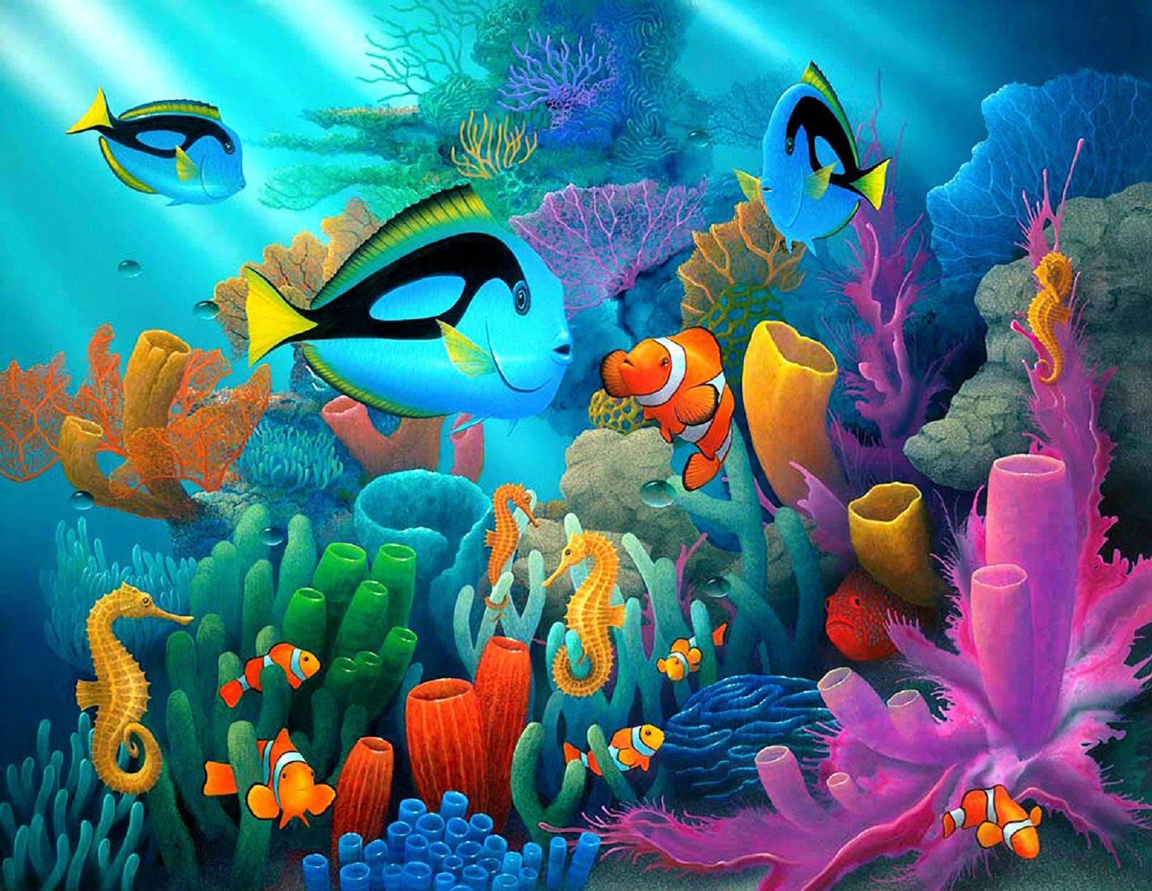 Vibrant coral reef teeming with colorful fish and seahorses in 4k resolution