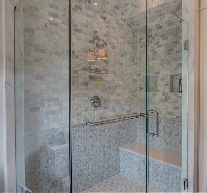 Great Shower With Marble Subway Tile And Small Hex I M