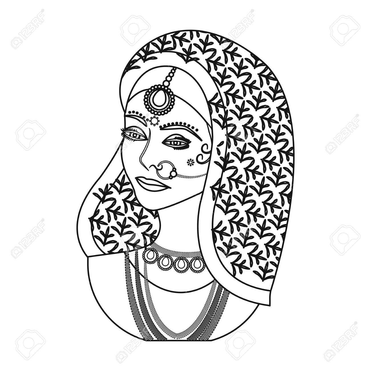 Indian Woman Icon In Outline Style Isolated On White Background