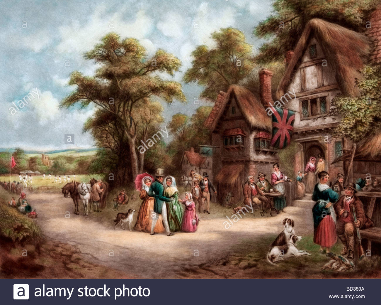 Village Scene Showing People Socializing Outside Tavern And