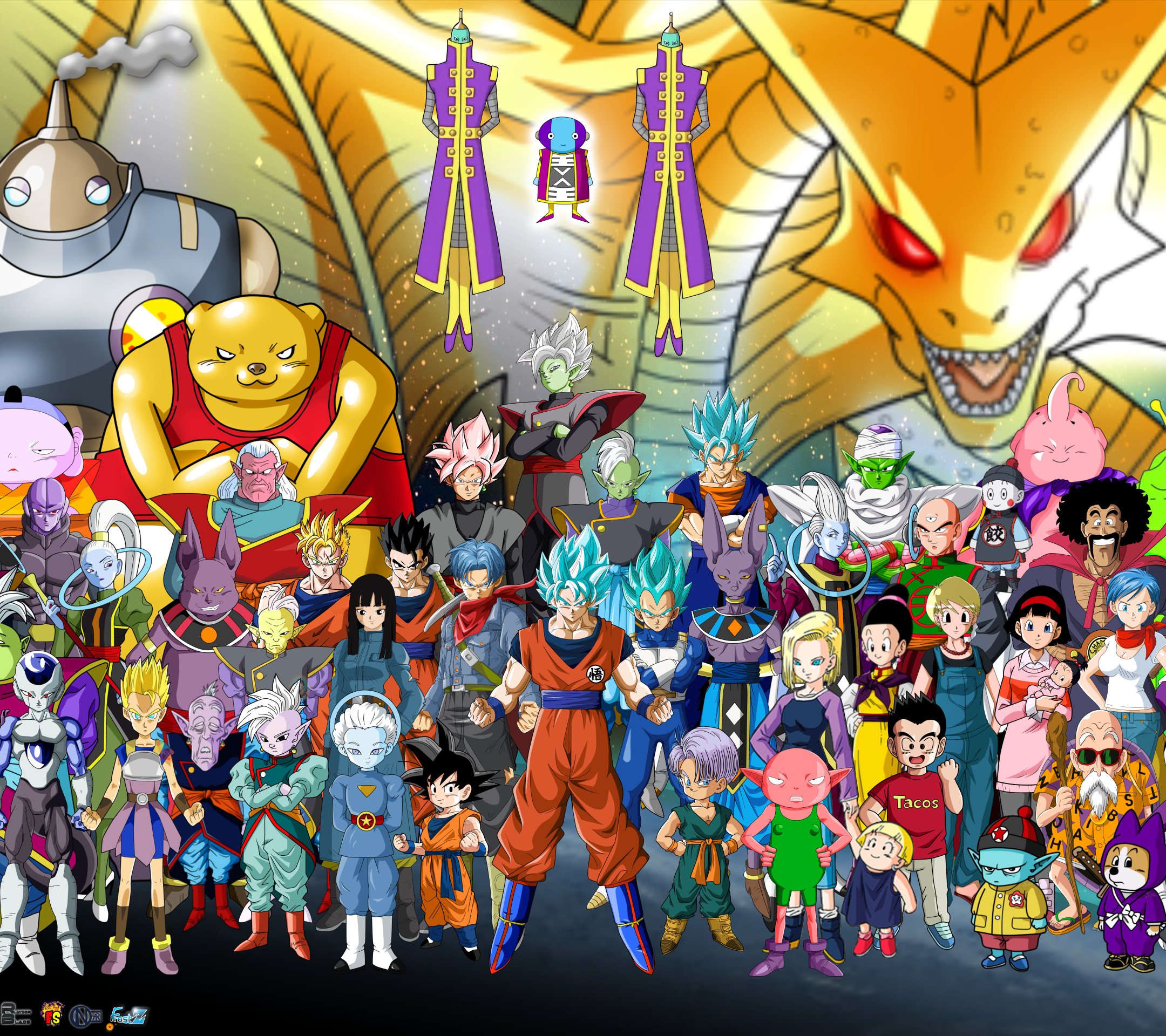 A group portrait of Dragon Ball characters, showcasing various heroes, villains, and supporting characters from across the Dragon Ball universe.  Goku, Vegeta, and other iconic characters are prominently displayed