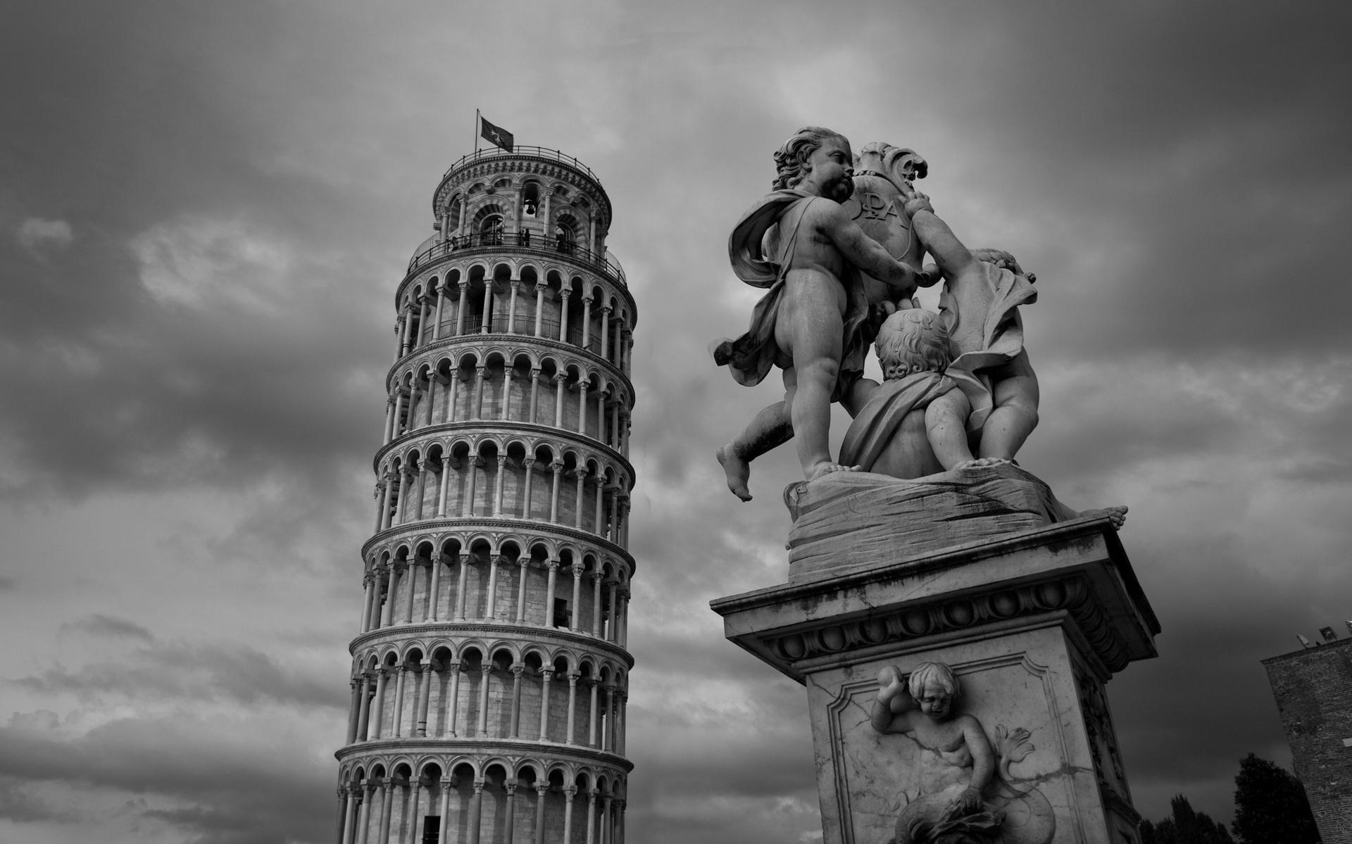 Leaning Tower Of Pisa Italy Monument Statue Black White