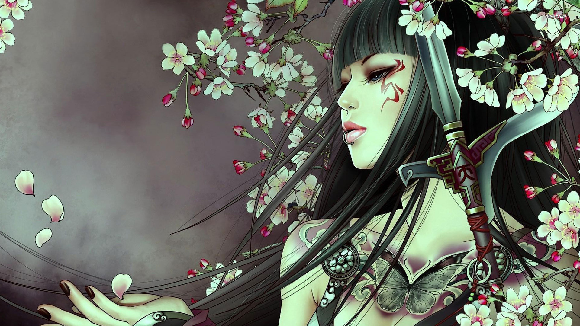 A woman with long, dark hair and elaborate tattoos, including a butterfly on her chest, is surrounded by cherry blossoms. She holds a sword and gazes serenely, with falling petals adding a touch of grace