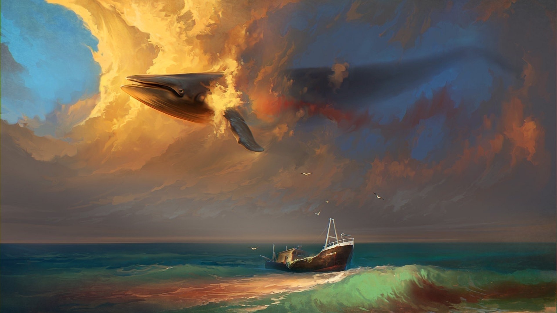 Ship Birds Whale Clouds Painting Wallpaper Magic4walls