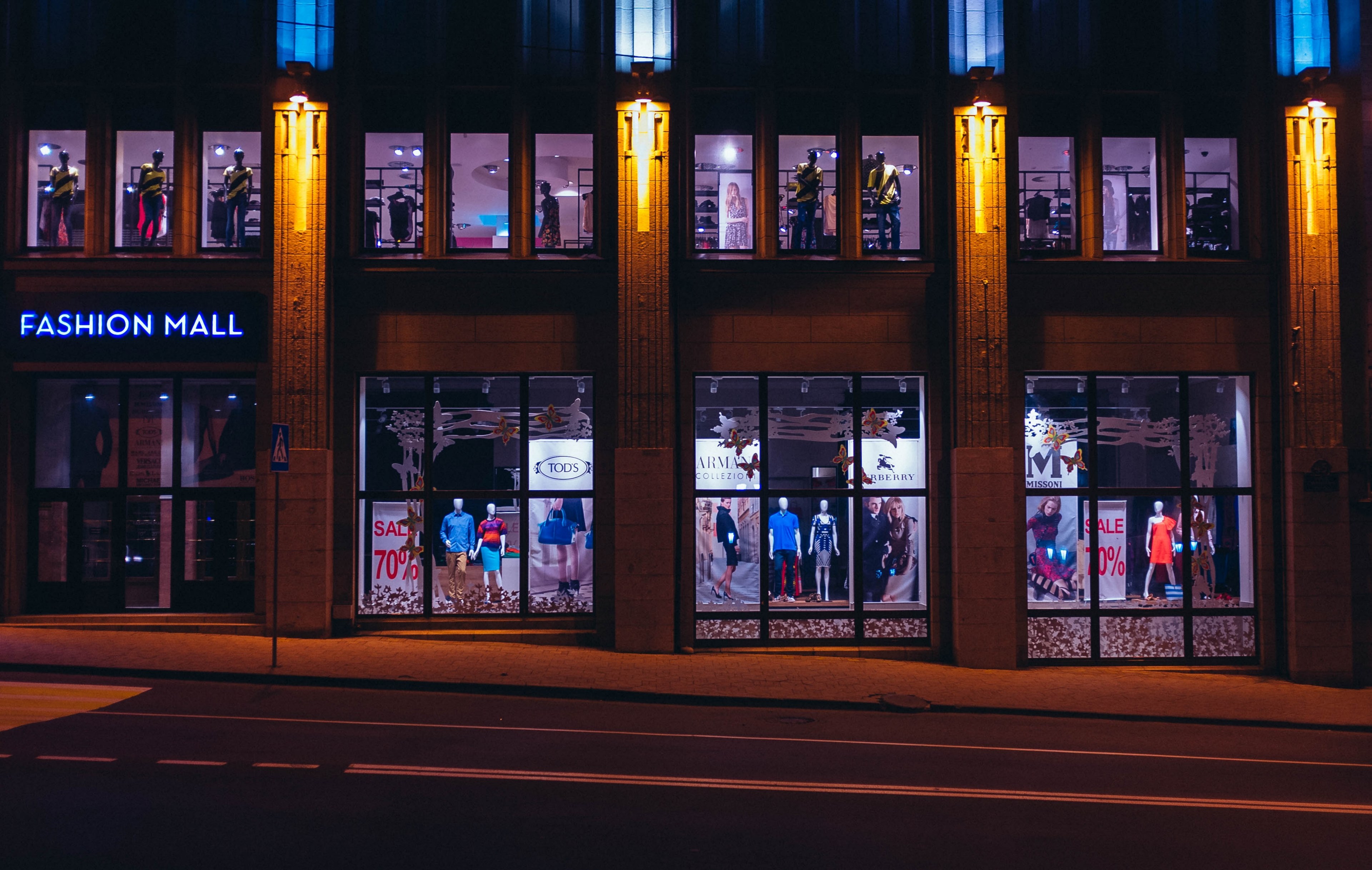 Colorful Lights On Closed Fashion Mall Storefronts An Empty City Street Window Shopping At Wallpaper