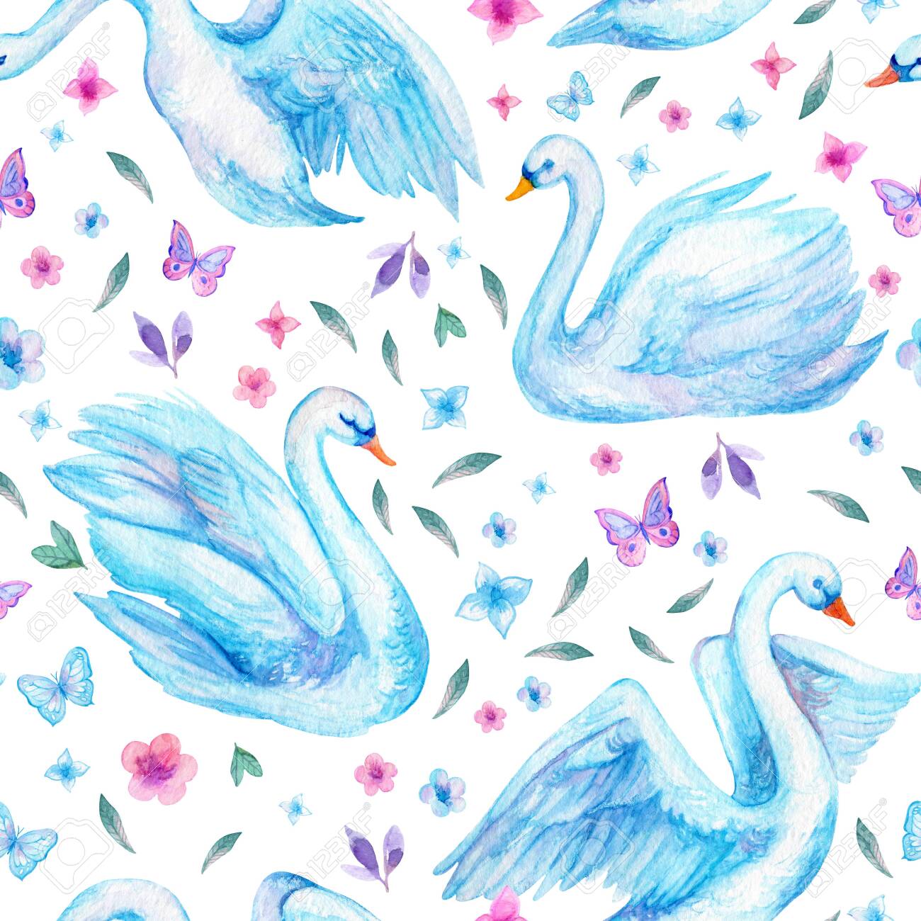 Watercolor Cute Swan Lake Seamless Pattern Beautiful Birds With 1300x1300
