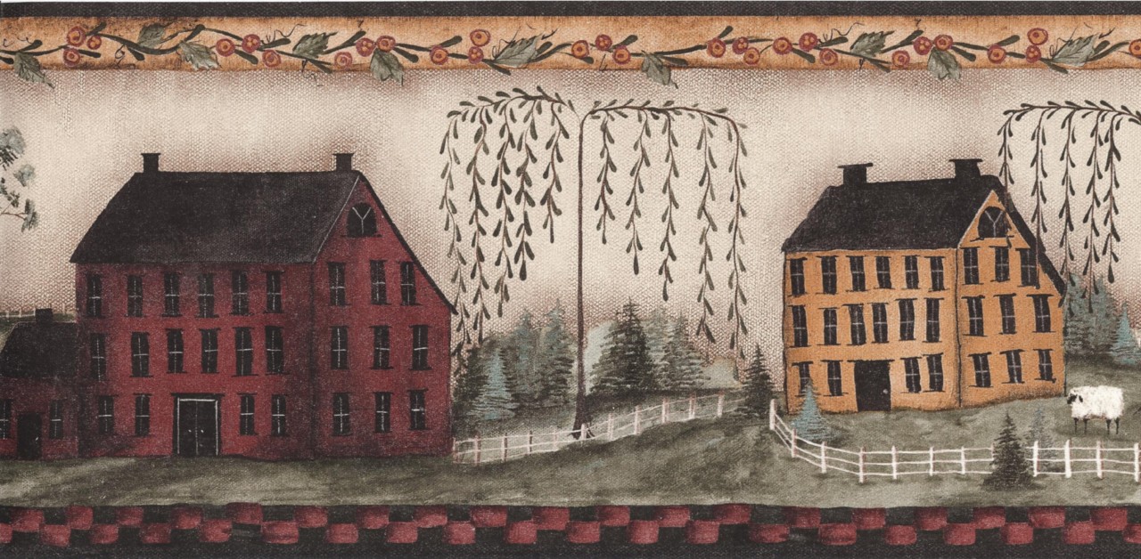 Details About Wallpaper Border American Folk Art Houses Countryside