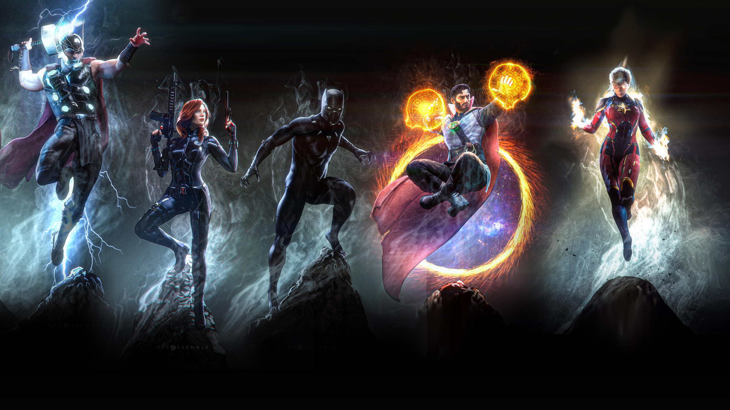 Marvel superheroes Thor, Black Widow, Black Panther, Doctor Strange and Captain Marvel in action poses against a dark background