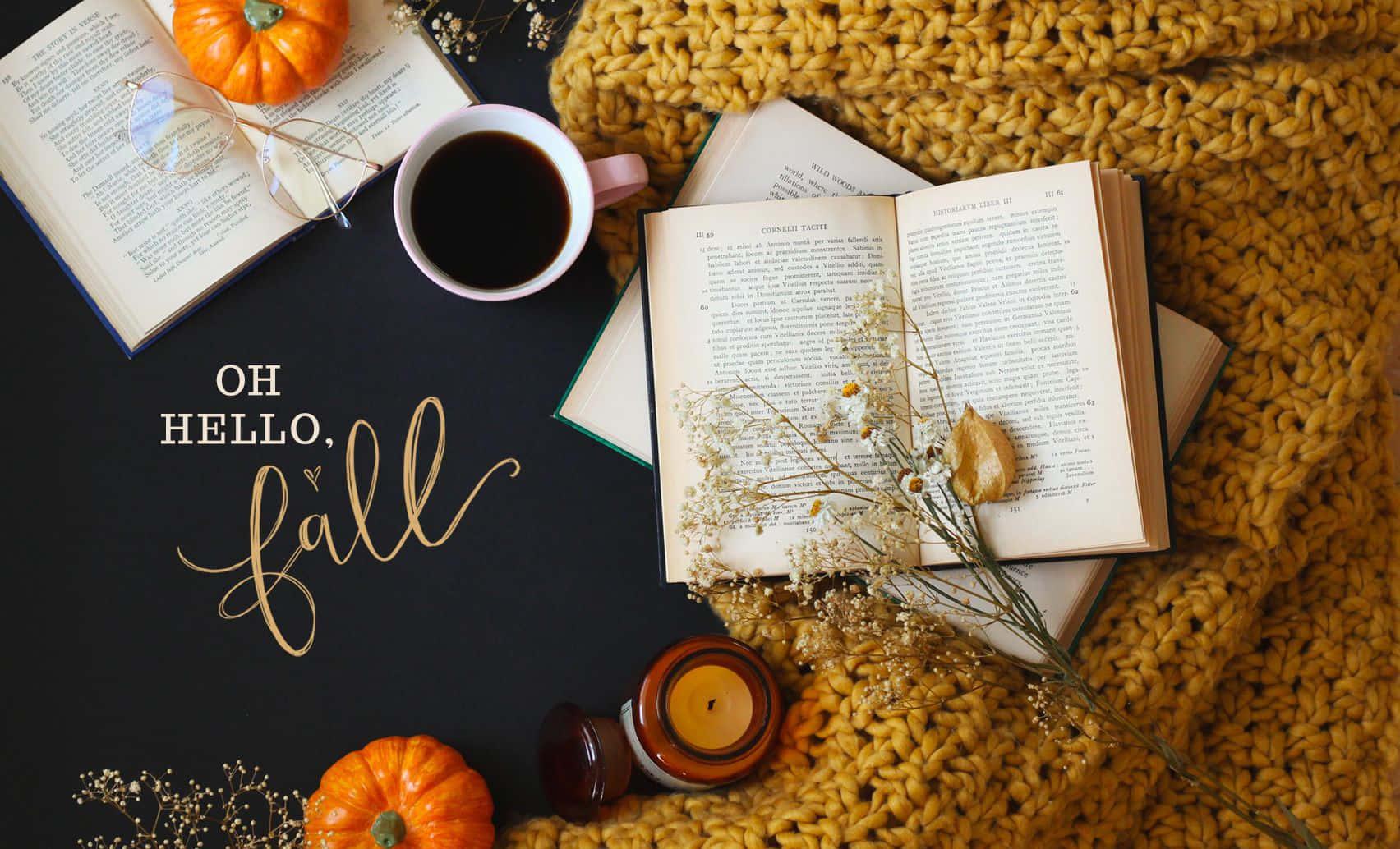 Cozy Fall Desktop Book And Coffee Aesthetic Wallpaper