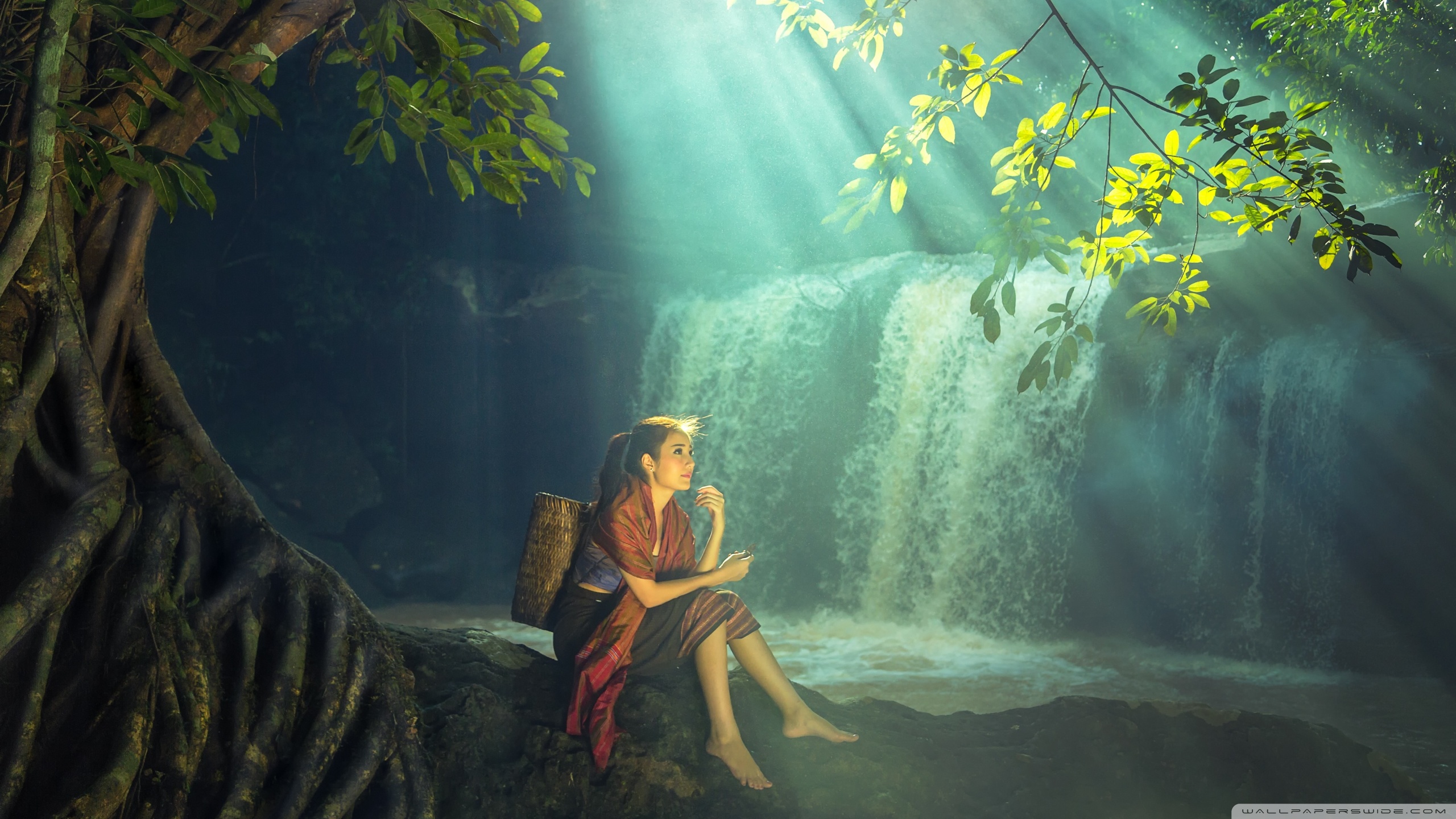 Beautiful Asian Girl Rainforest Waterfall 4k HD Desktop