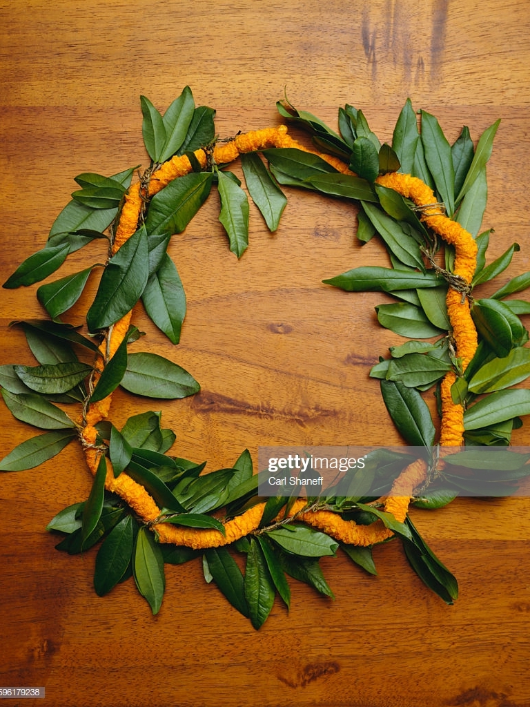 Maile Ilima Lei On Koa Wood Background Stock Photo