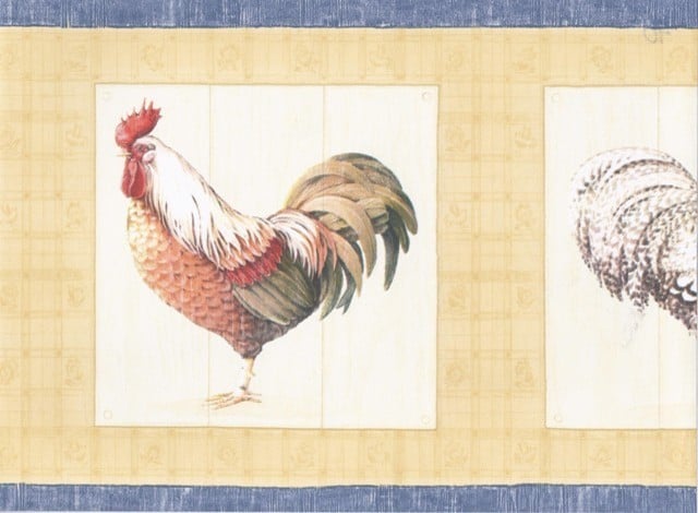 Blue Yellow Cream Roosters Wallpaper Border   Traditional   Wallpaper