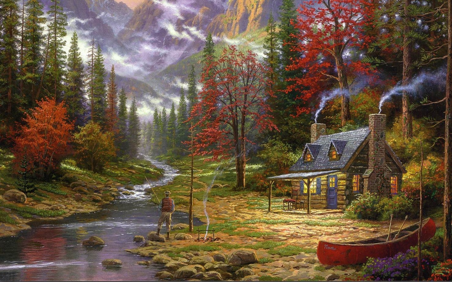Wallpaper Painting Thomas Kinkade Mountain River Fisherman Fire