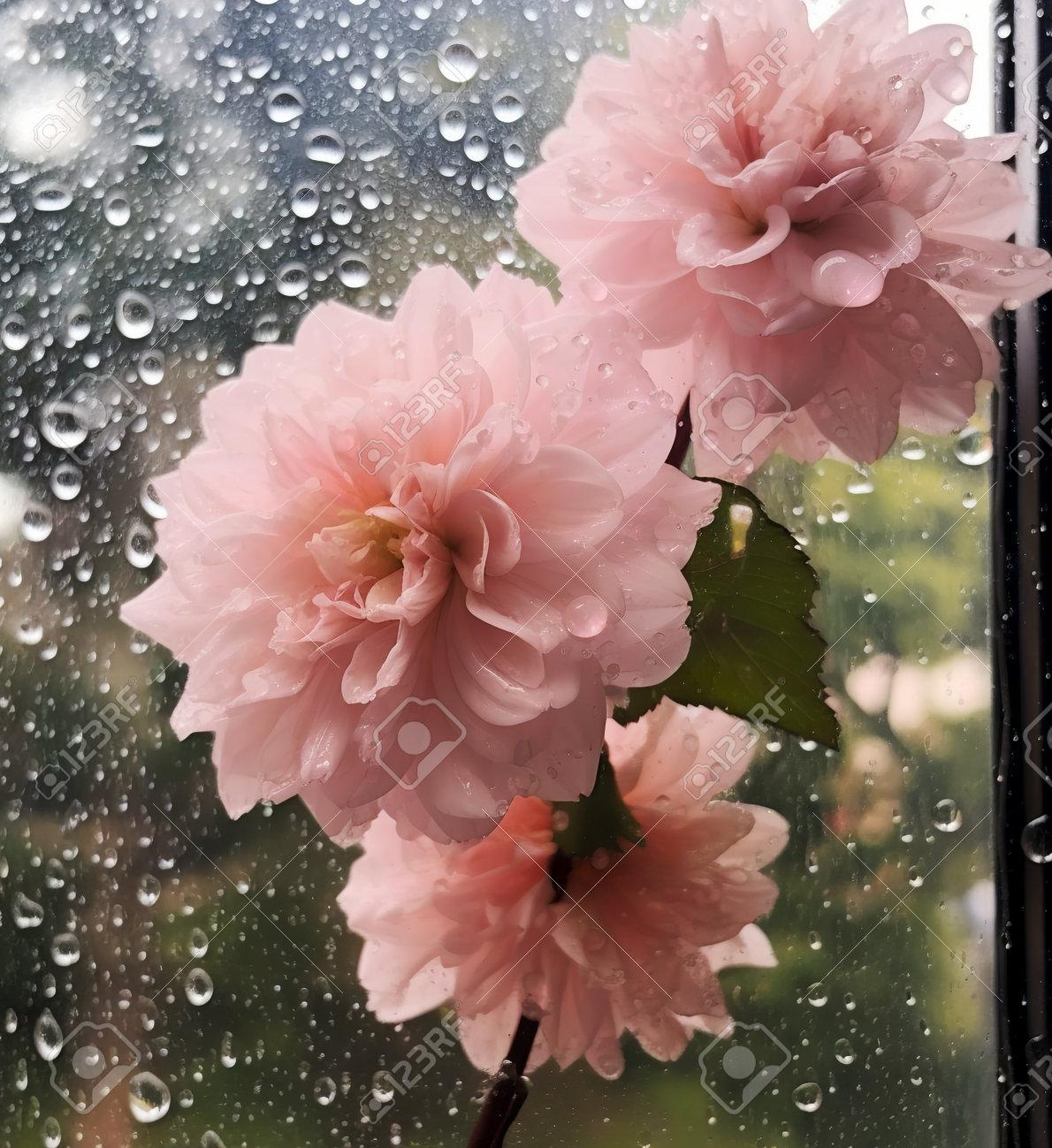 Pink Sakura Flowers On The Window With Rain Drops Natural
