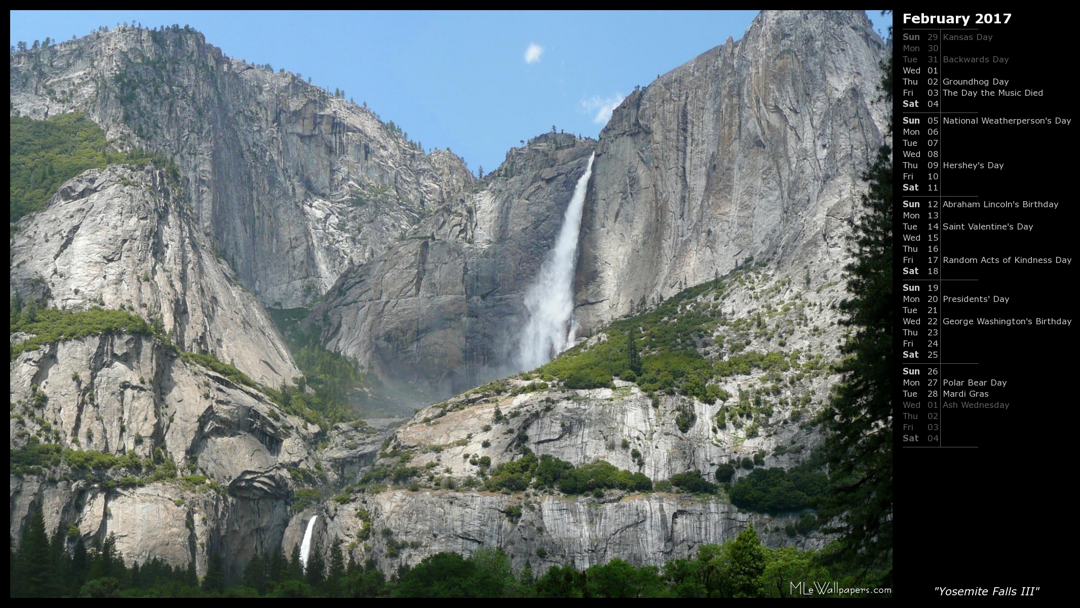 November Calendars National Parks Waterfalls Yosemite
