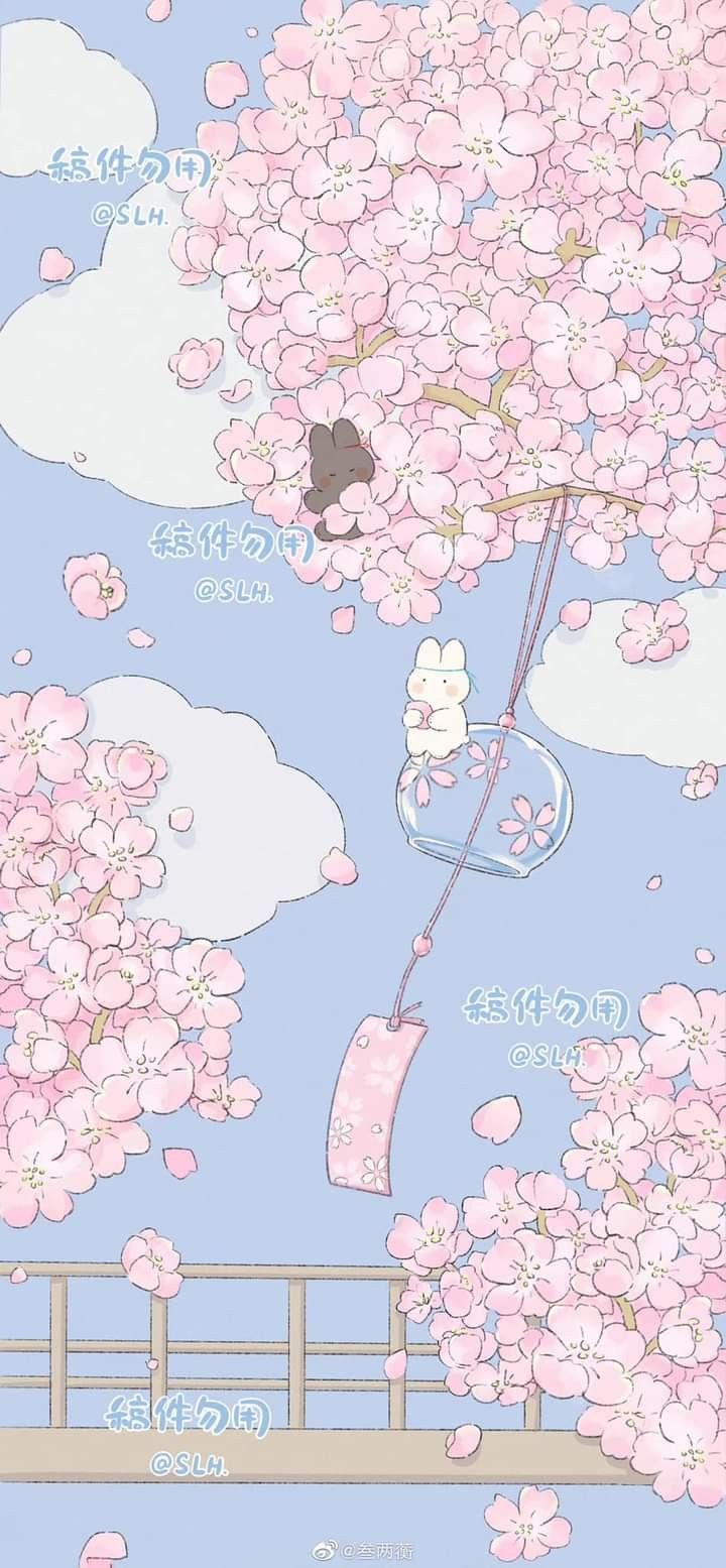 Cute Blue Wallpaper With Cherry Blossoms