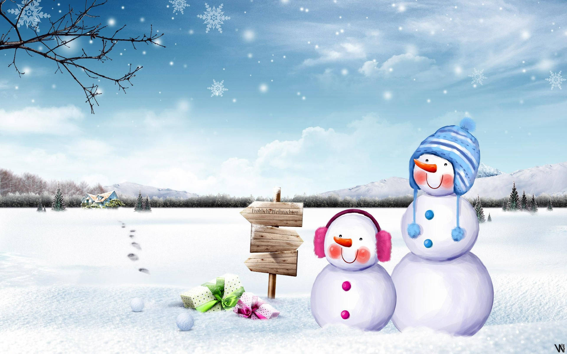 Two adorable snowmen stand in a snowy field, presents at their feet, with a wooden signpost nearby. A picturesque winter scene with a house and mountains in the background