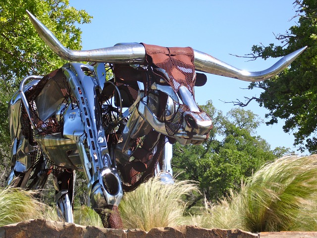 Texas Longhorn Sculpture Metal Art Shiny Statue Public Domain