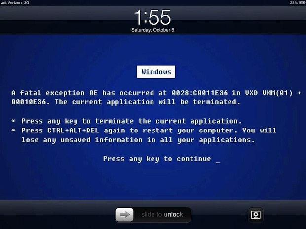 The Windows Blue Screen of Death Makes a Hilarious iPad Lock Screen
