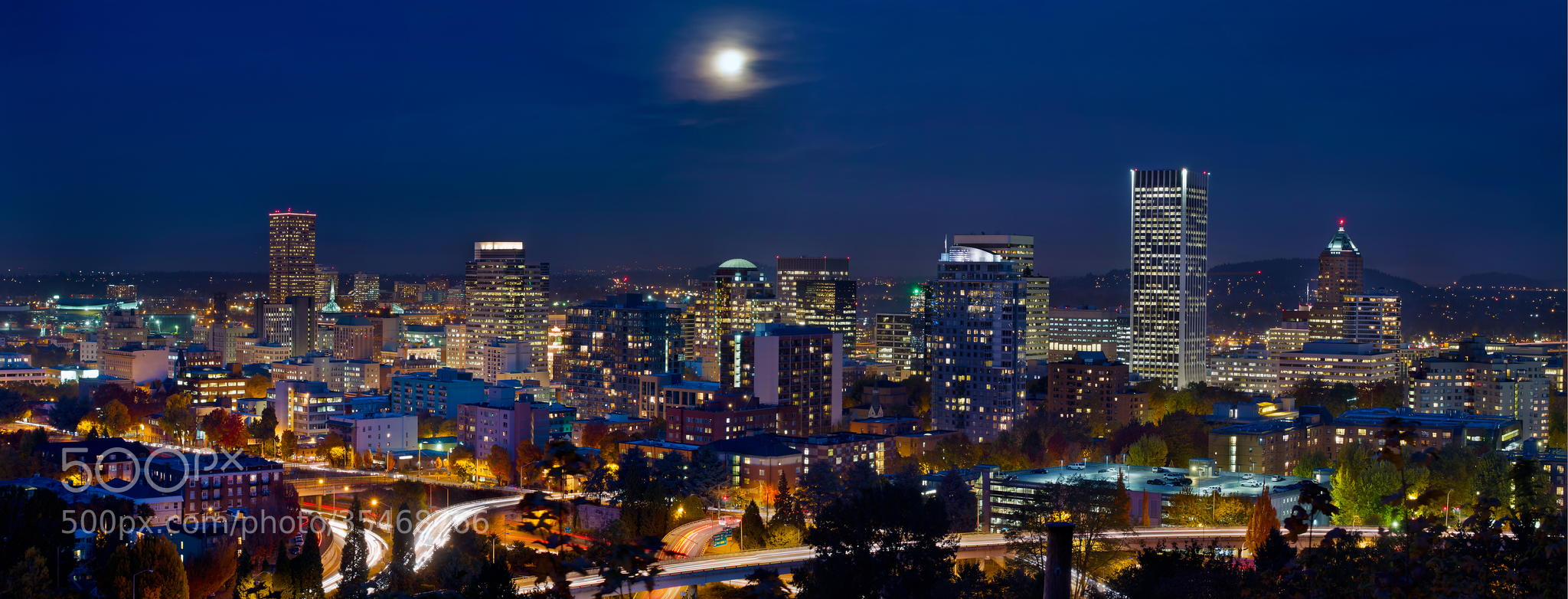 Photograph Moon Over Portland Oregon City Skyline at Blue Hour by Jit