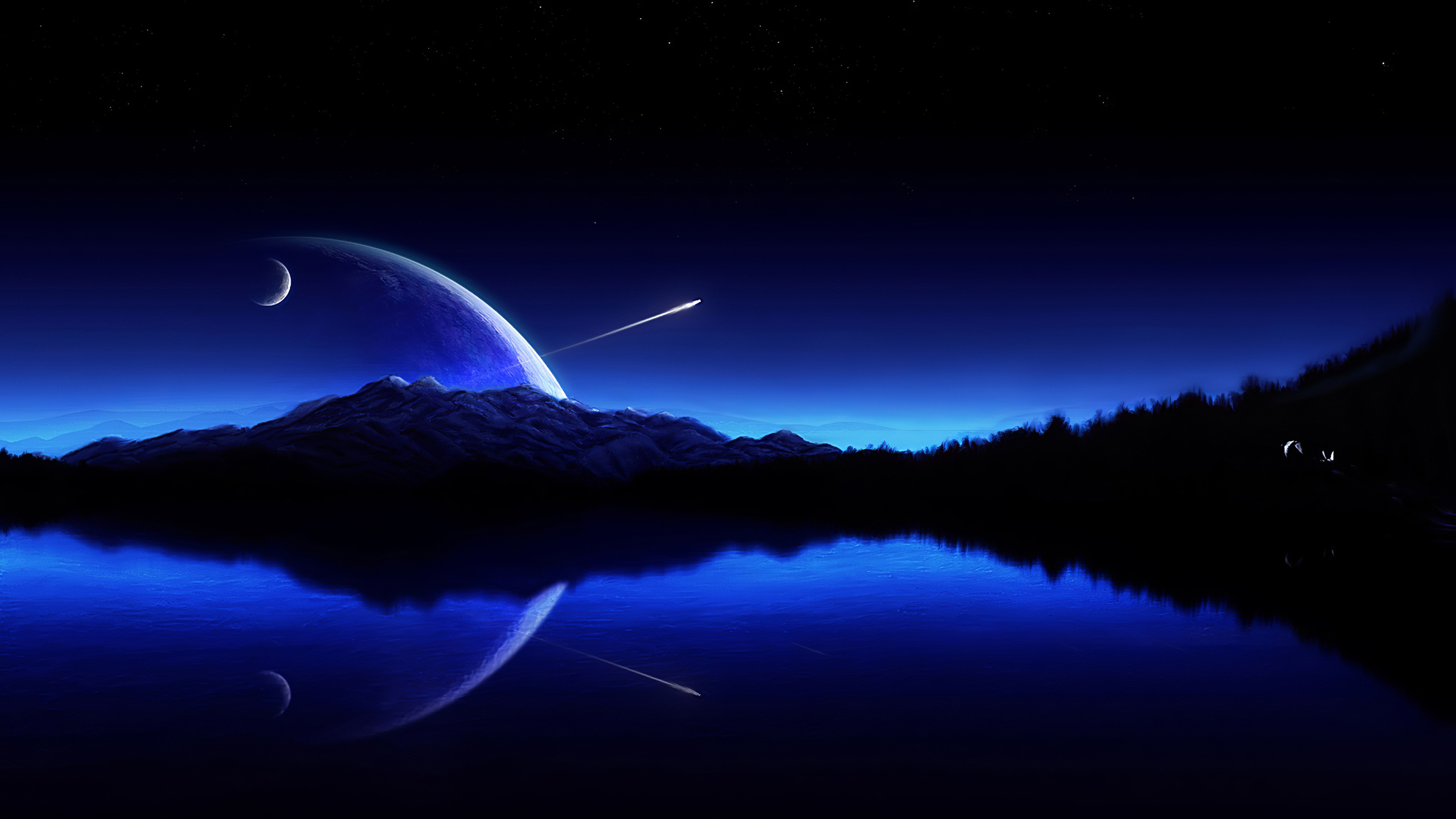 A serene 4K wallpaper featuring a crescent moon, a large planet, a shooting star, a tranquil lake, and silhouetted mountains, creating a captivating and otherworldly scene