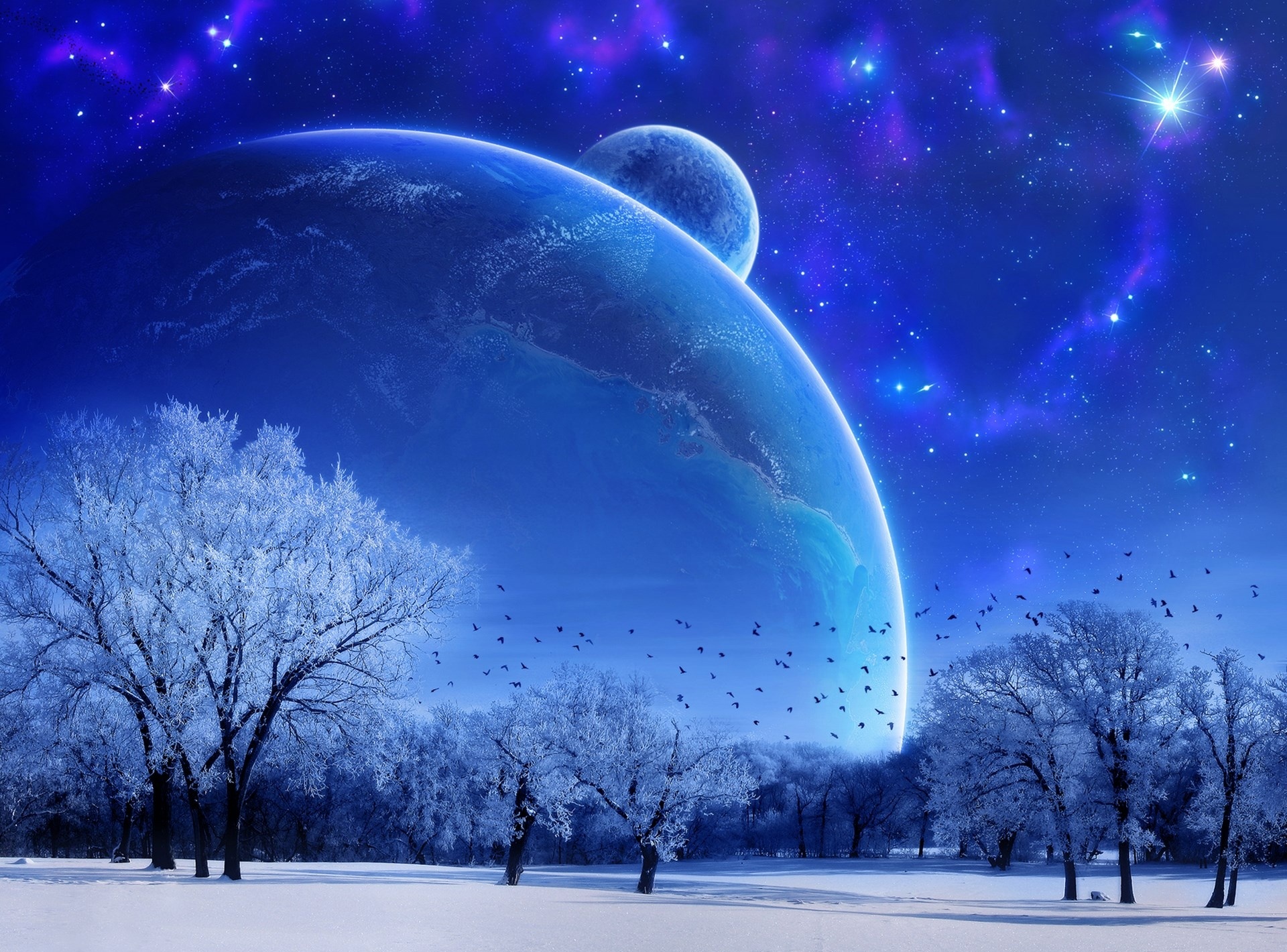 Fantasy Landscape Moon Pla Plas Winter Snow Trees Sky Night