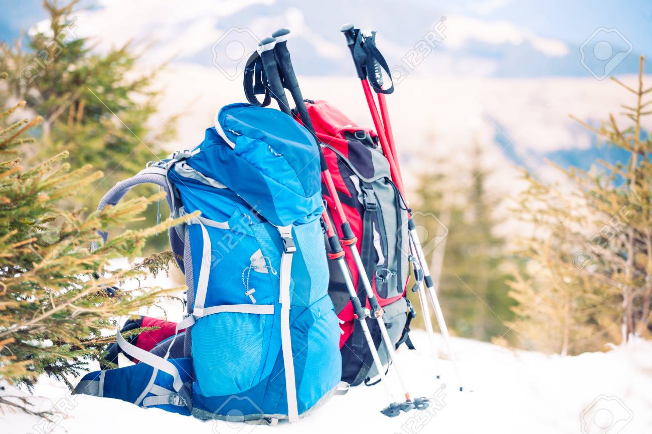 Two Backpacks In The Background Of Snow Capped Mountains And