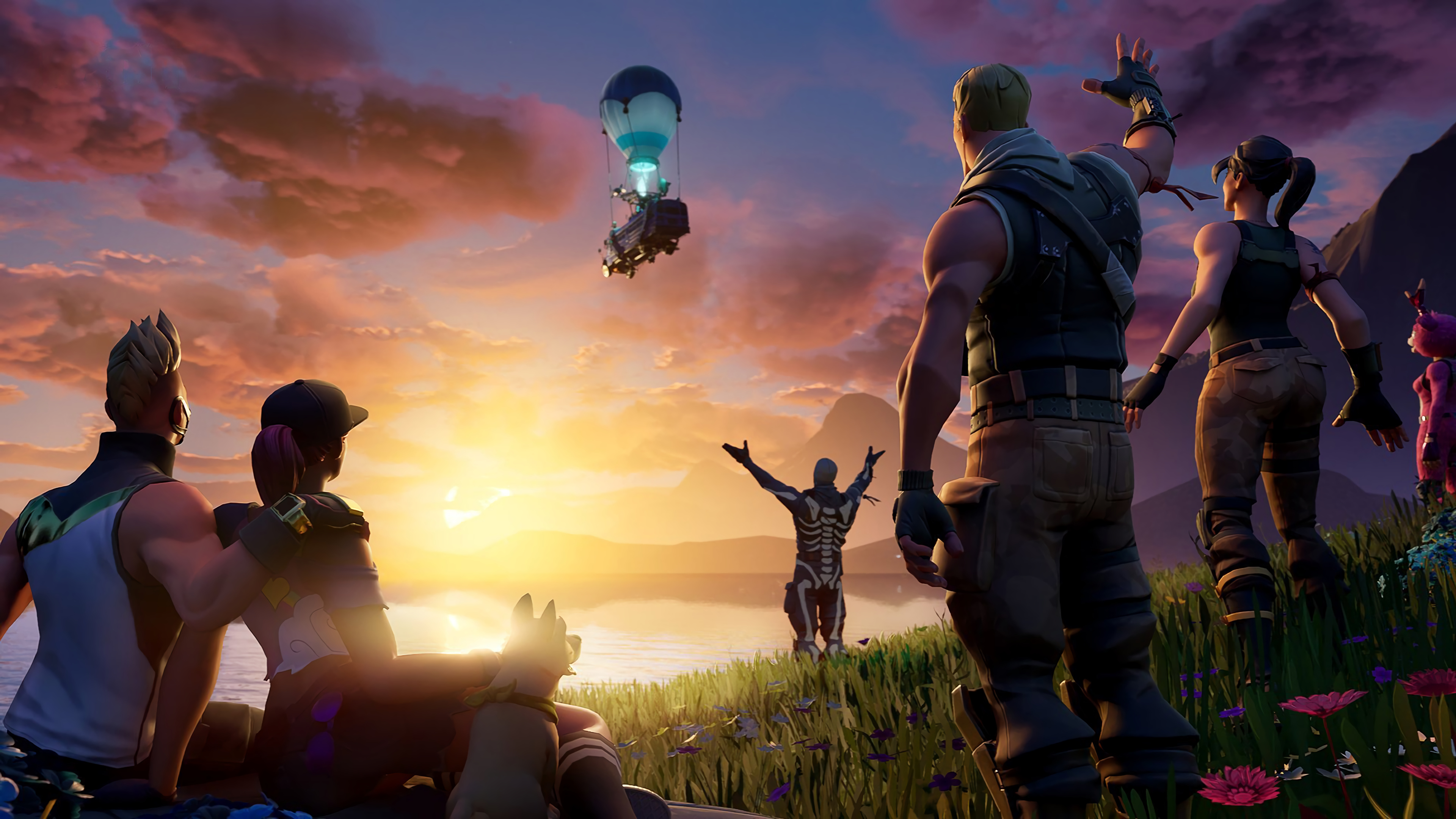 Fortnite characters watching the sunset over a scenic landscape in 4k