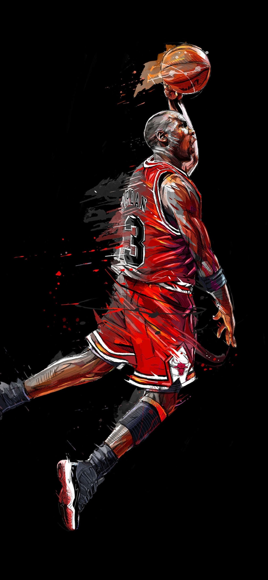 Michael Jordan performing a dynamic dunk in his iconic Chicago Bulls jersey