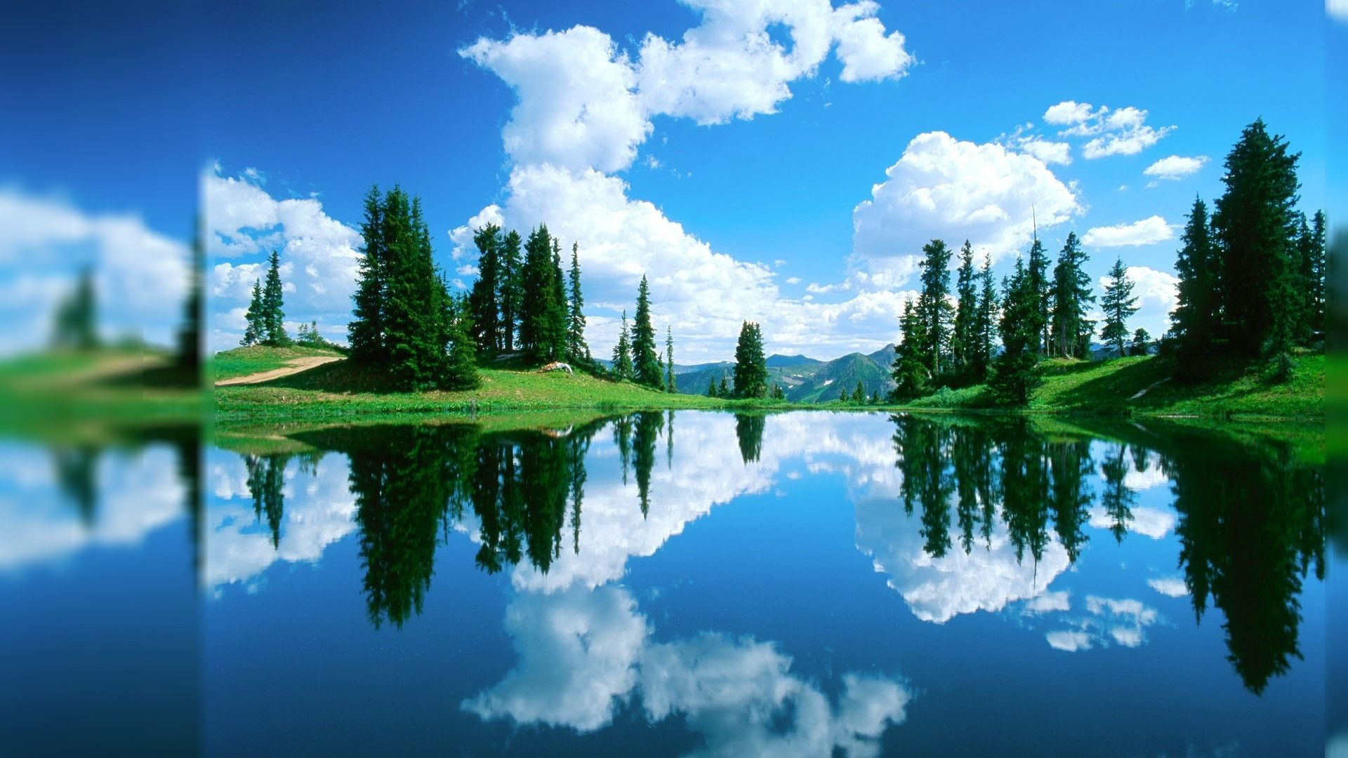 Serene Lake Reflection with Pine Trees and Clouds - 1920x1080 HD Wallpaper