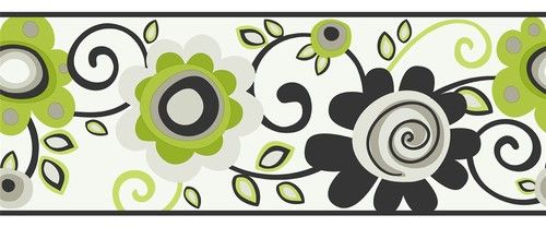  Floral in Lime Green Silver Black Wallpaper Border PW3952B eBay