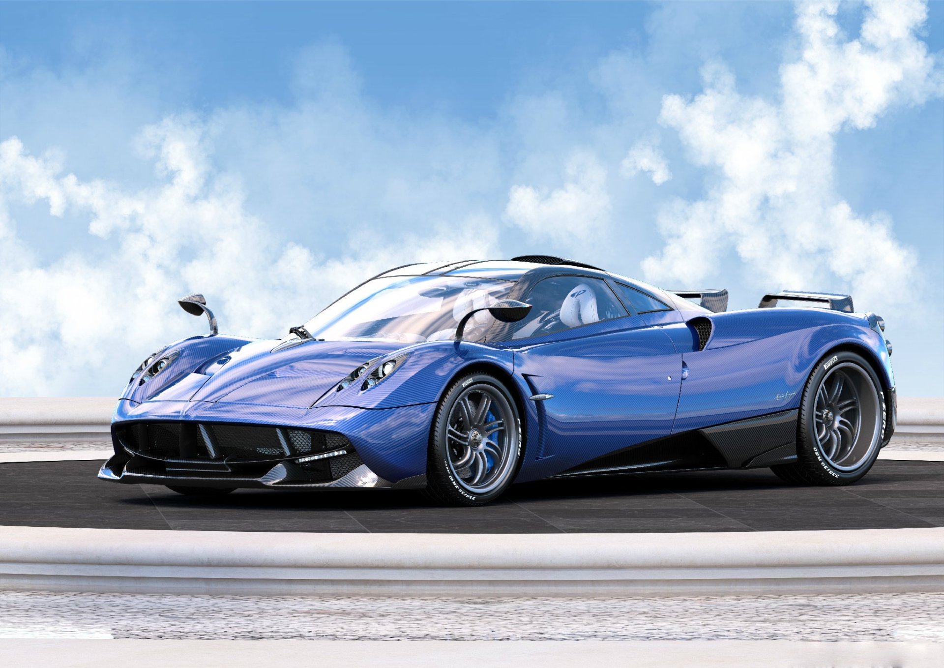 A stunning blue Pagani Huayra supercar parked on a marble platform against a backdrop of a bright blue sky and fluffy white clouds