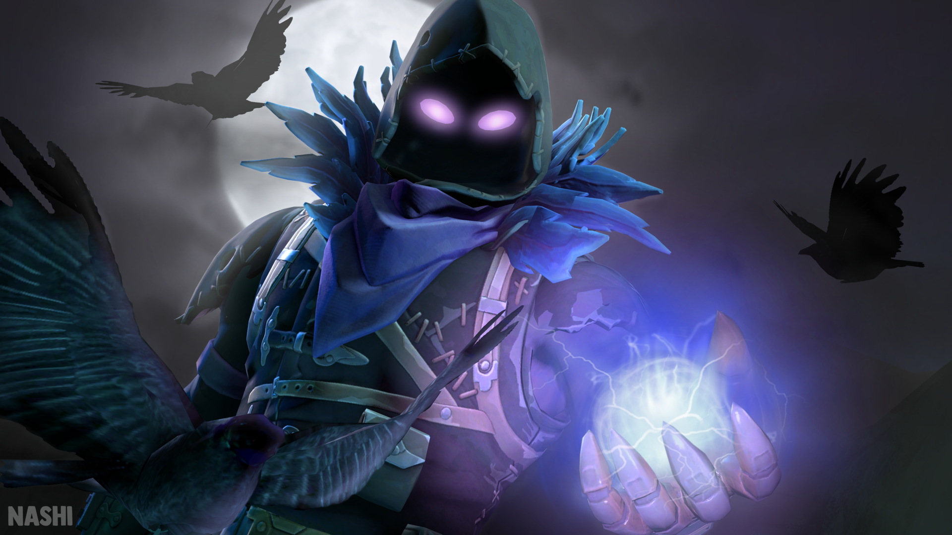 A Fortnite character, cloaked and hooded, with glowing purple eyes, holding a pulsating orb of energy, surrounded by ravens, against a backdrop of a full moon and a dark sky