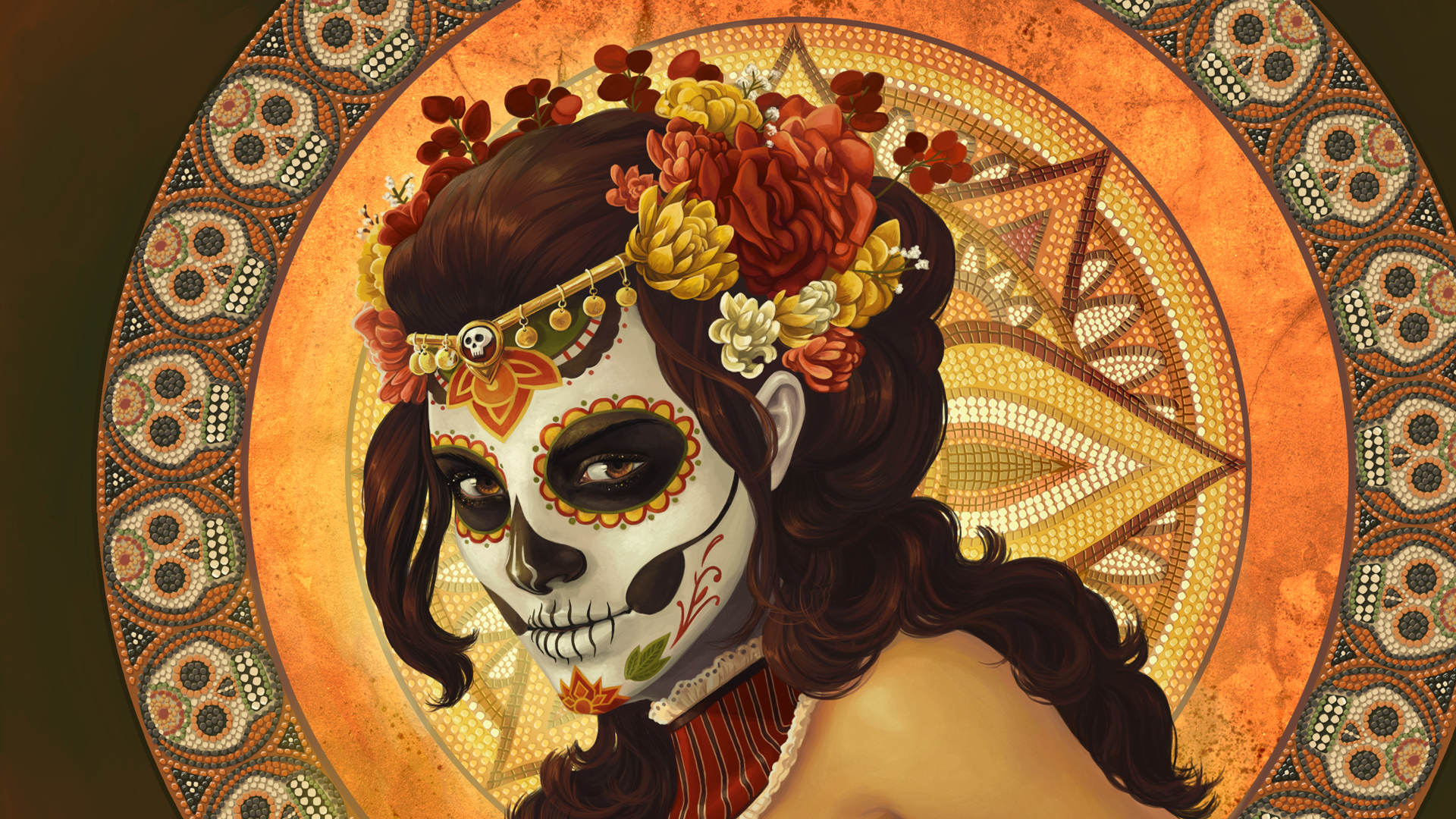 Muertos Mexican Dark Horror Witch Skull Faces Art Wallpaper Background