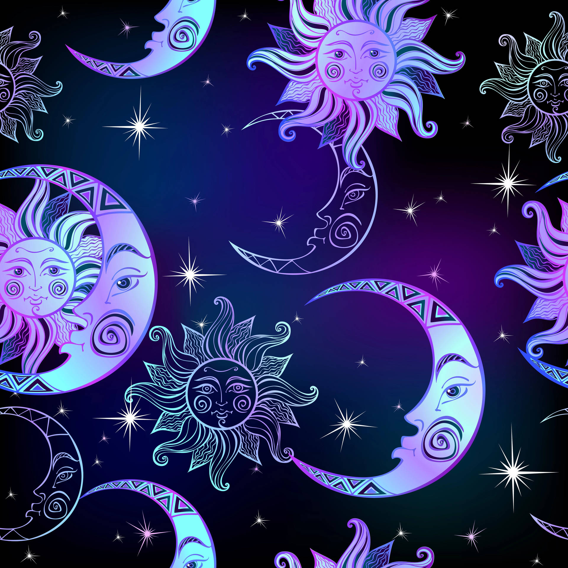 Night Sun Moon And Stars Wallpaper