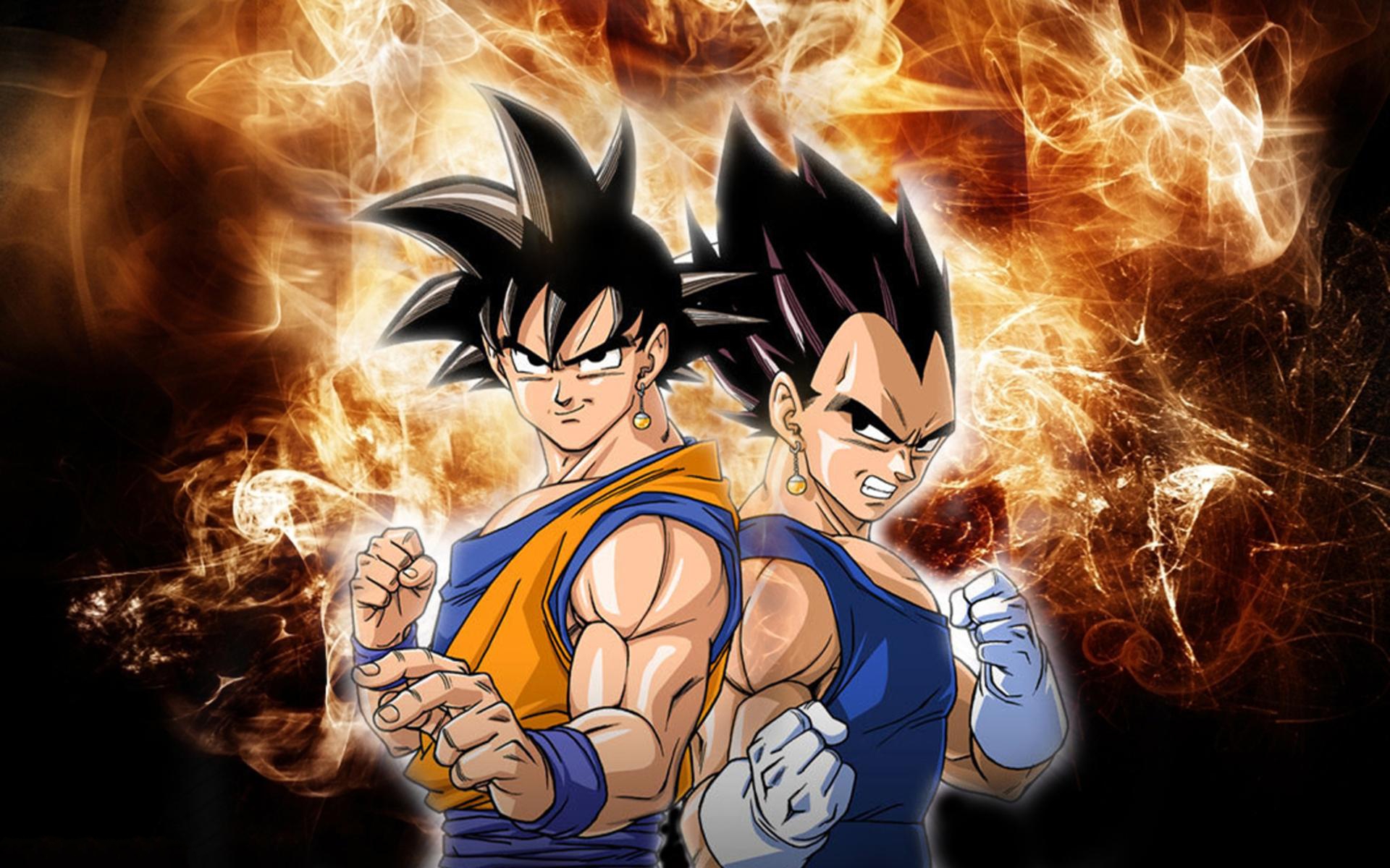 Goku and Vegeta prepare for battle in this vibrant Dragonball Z wallpaper
