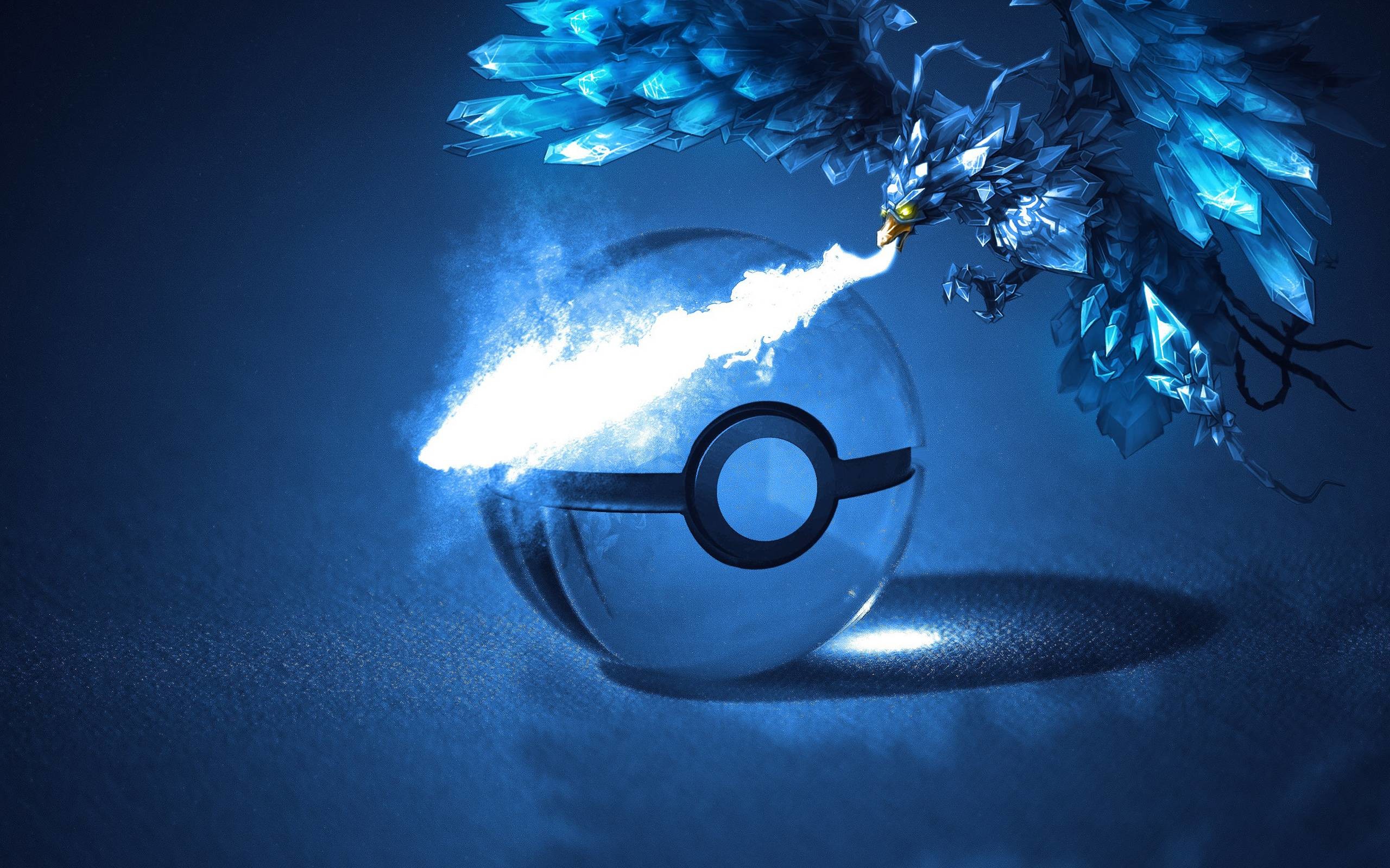 A majestic ice-type Pokémon unleashes a frosty blast towards a Poké Ball against a dark blue backdrop