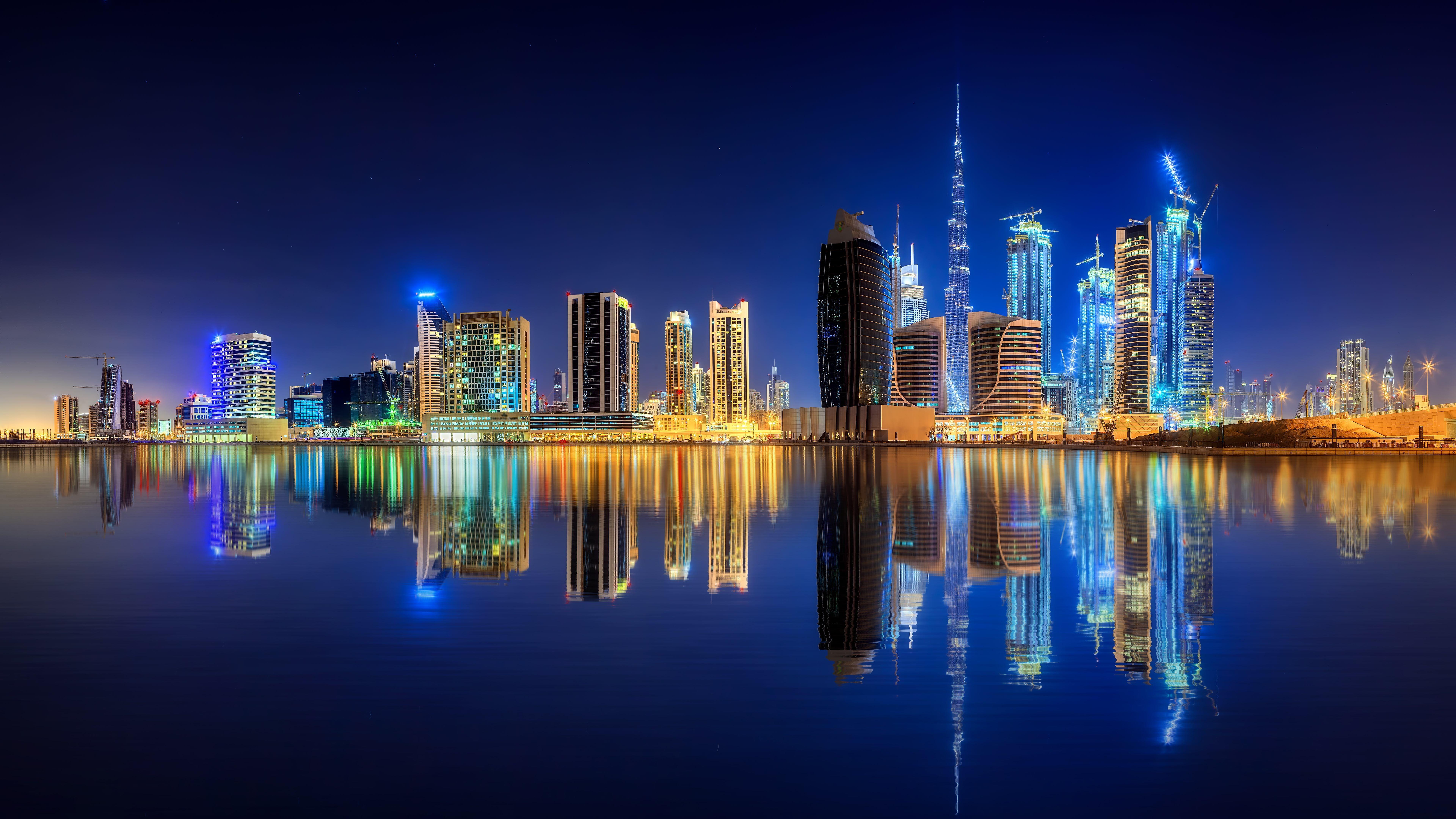 HD Wallpaper Dubai City Lights 8k Uae Downtown Water United