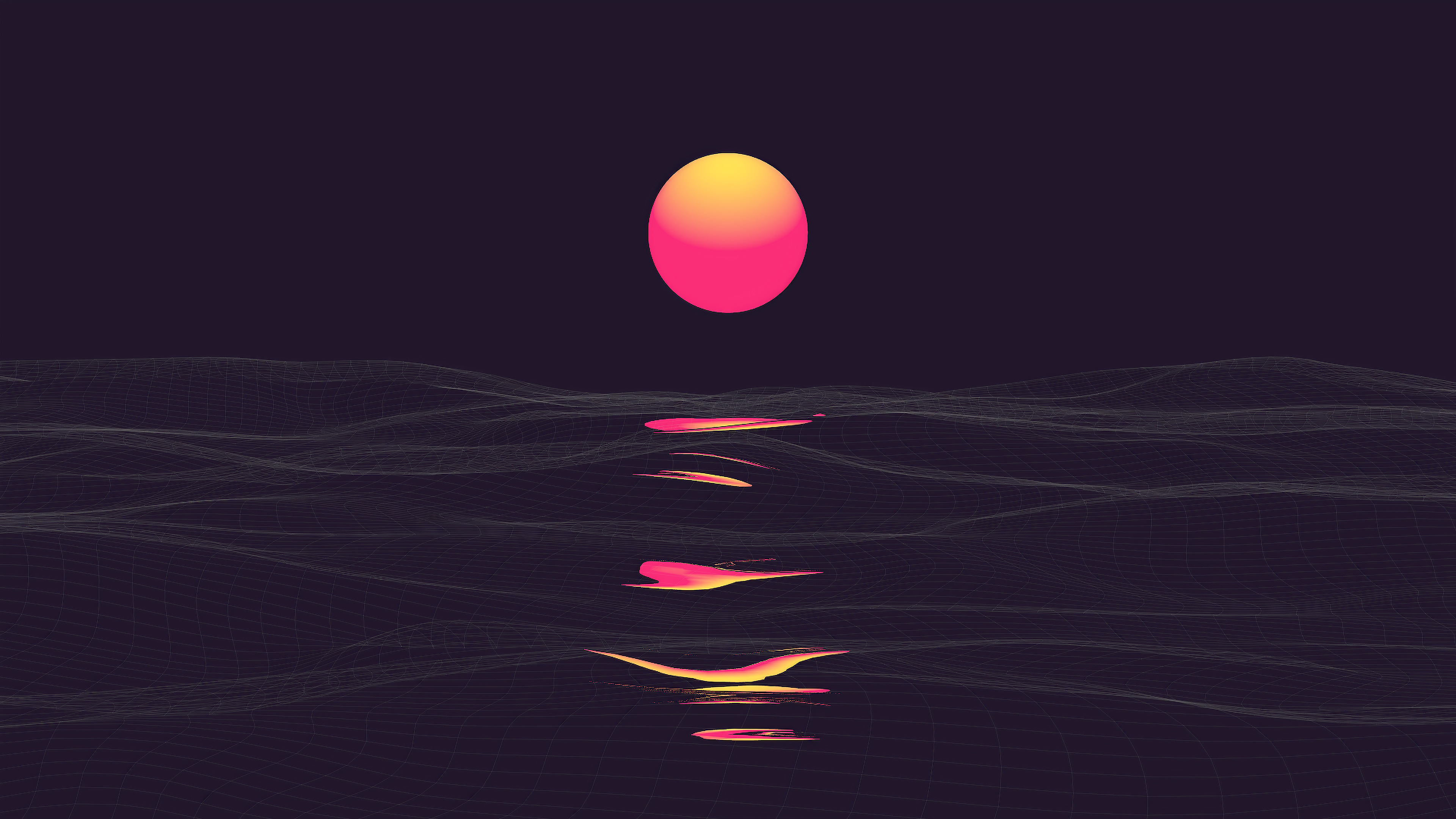A mesmerizing 4K wallpaper featuring a vibrant, gradient-filled sphere hovering above a dark, undulating wireframe landscape. The sphere's reflection dances on the wireframe surface, creating a captivating visual contrast