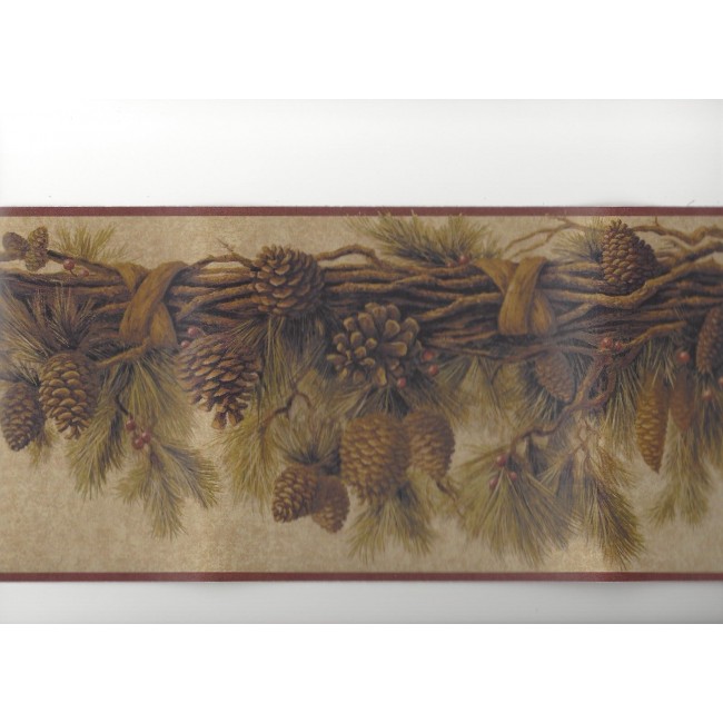 Pine Cone Needles Branch Swag with Burgundy Edge Wallpaper Border