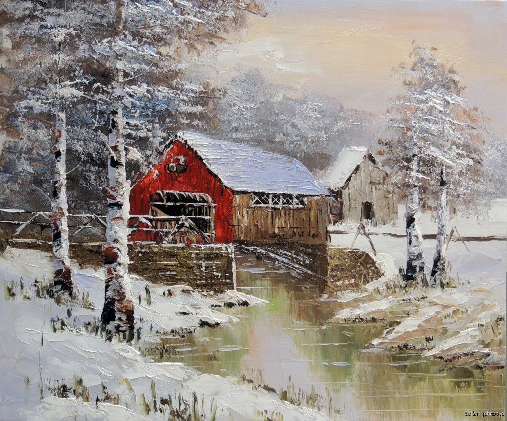 New England Covered Bridge Winter Snow Stretched Oil On S