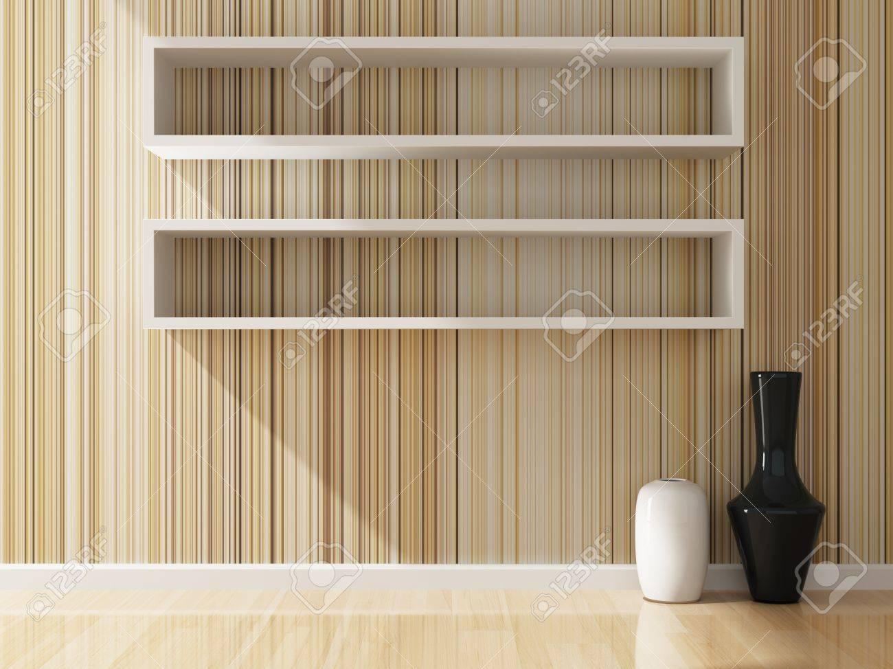 White Shelf And Wallpaper Decorated Of Interior 3d Rendering
