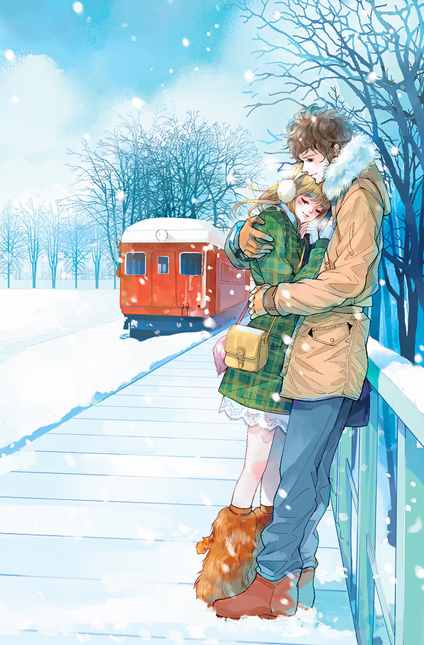 Red Train Anime Couple Snow Romantic Love Tree Wallpaper