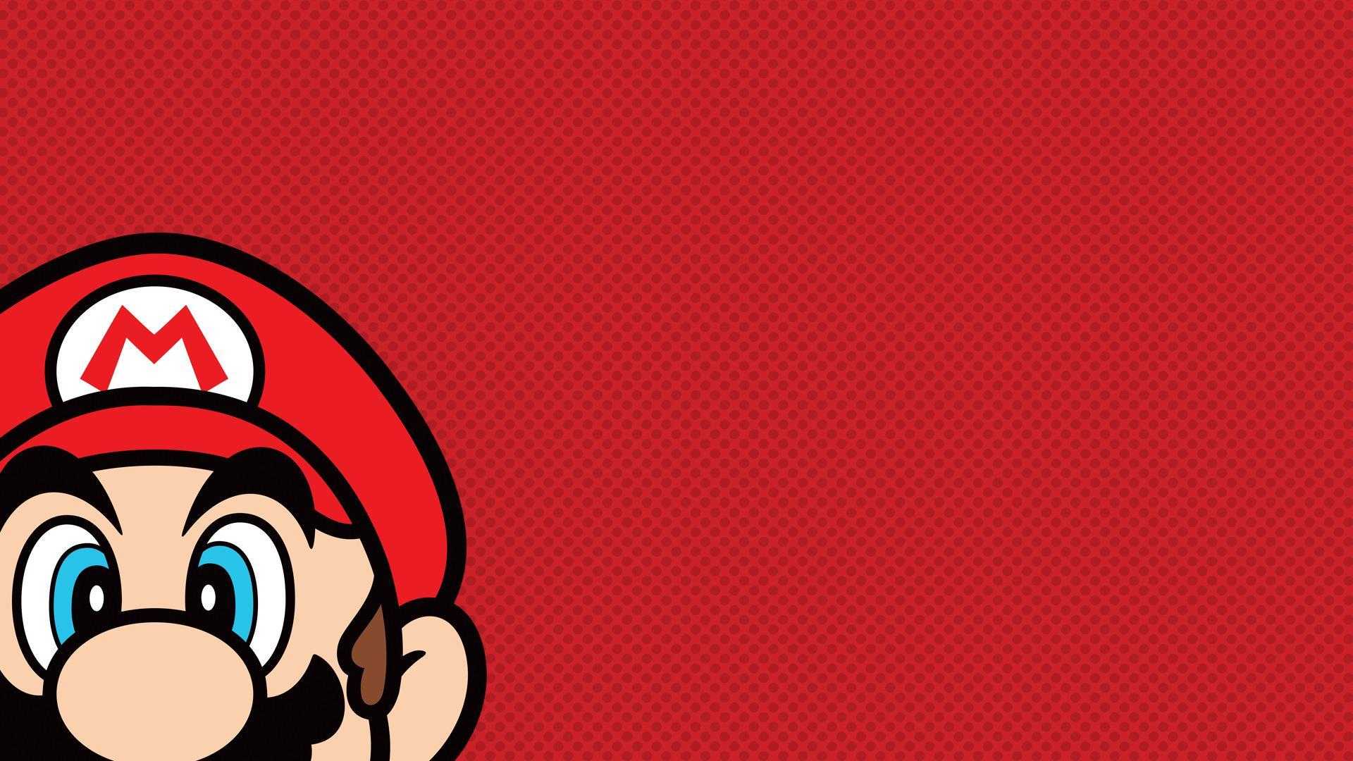 Close-up of Super Mario's face against a red dotted background