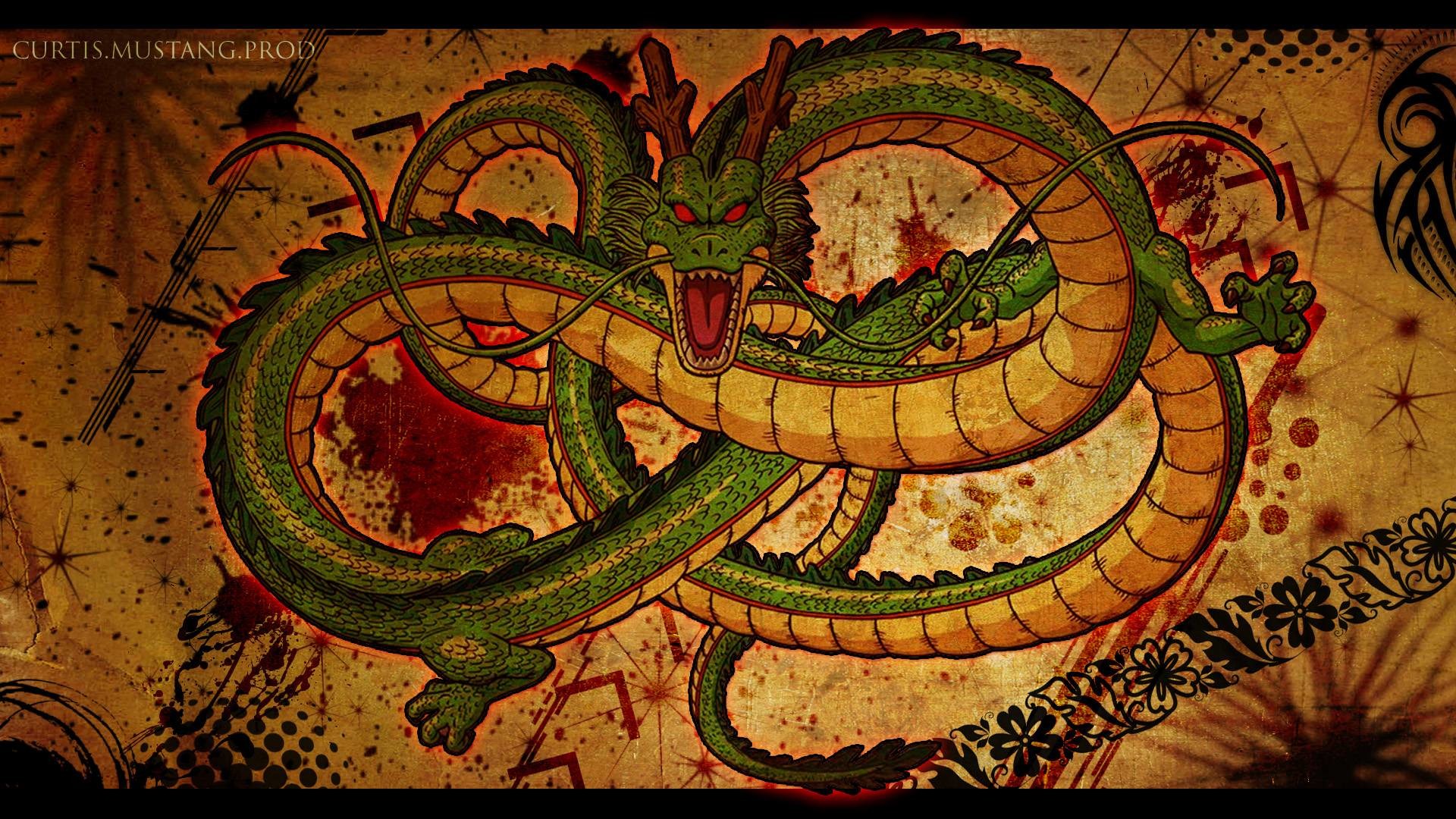 A grunge-style illustration of Shenron, the Eternal Dragon from Dragon Ball Z, against a textured, vintage backdrop