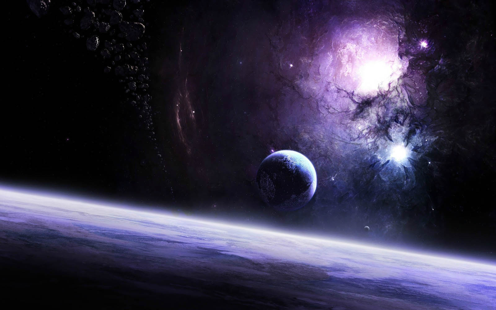 A breathtaking view of a planet's horizon with a vibrant purple nebula and distant asteroids in the background